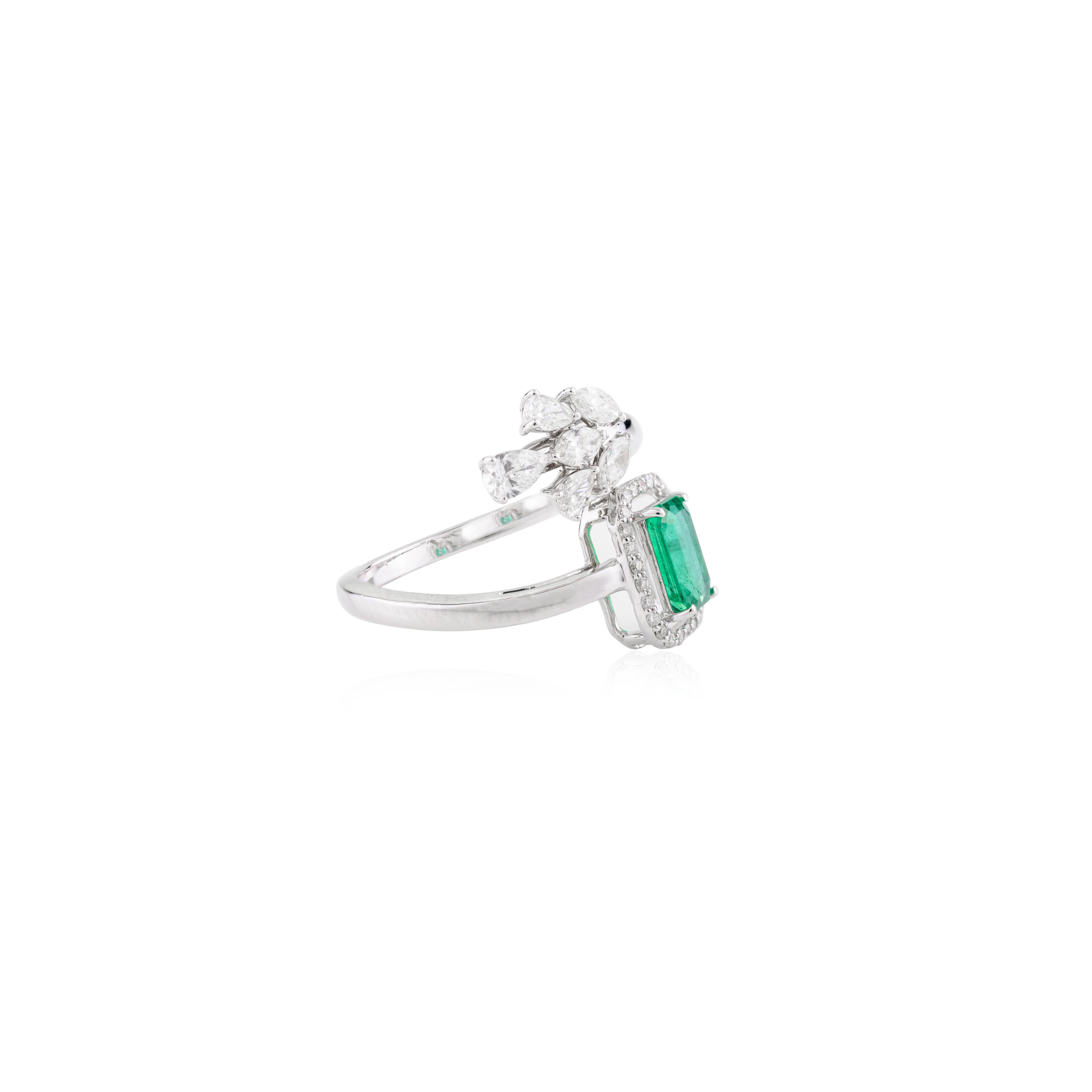 For Sale:  Genuine Fine Emerald Diamond Engagement Bypass Ring in 18k Solid White Gold 8