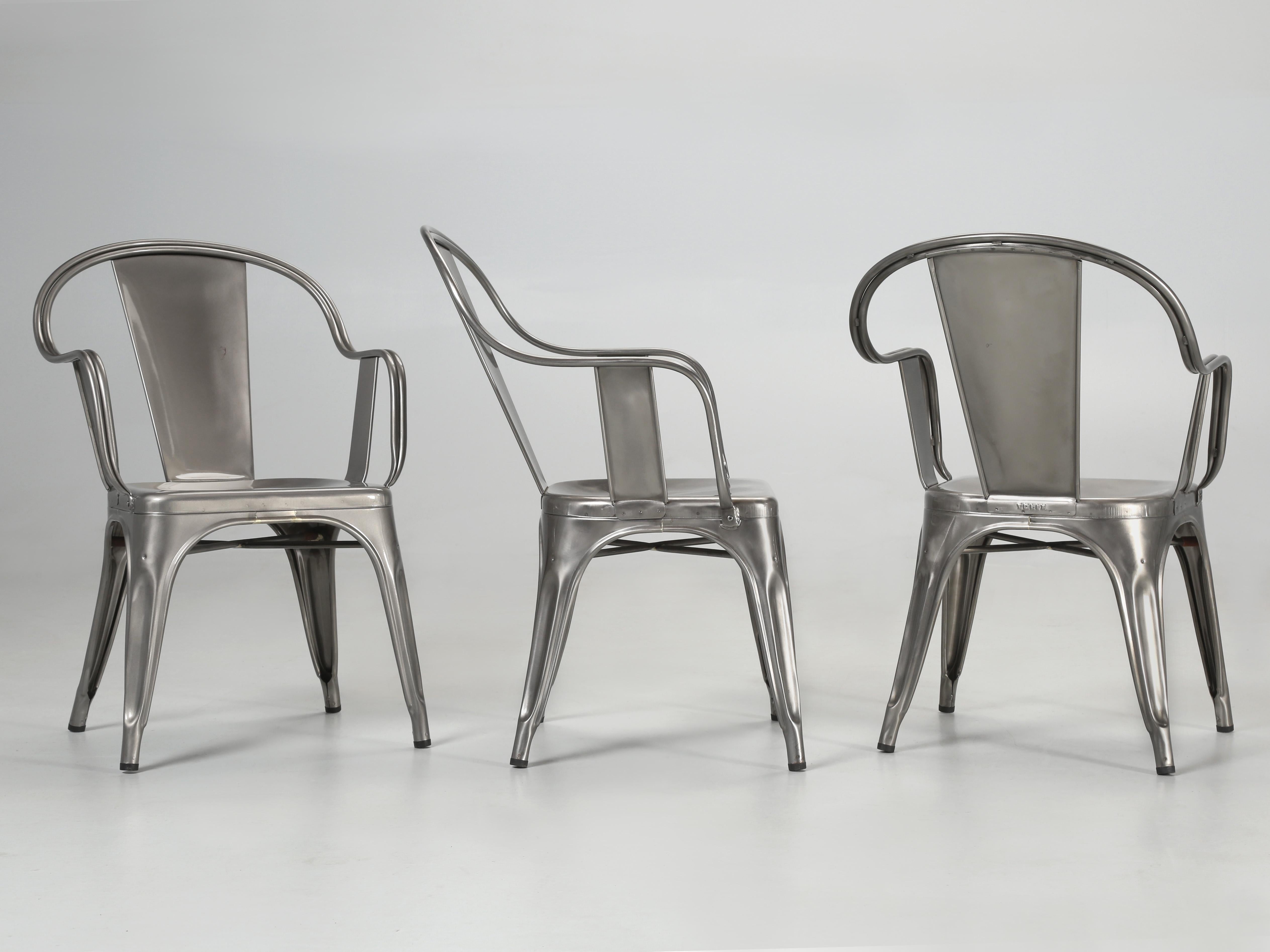 Genuine Tolix chairs made in France, complete with TOLIX stamp of authenticity. These Tolix chairs are considered iconic, and have been displayed in the MoMA, Germany’s Vitra Design Museum, and Paris’s Pompidou Center. Up to 12 can be stacked at one