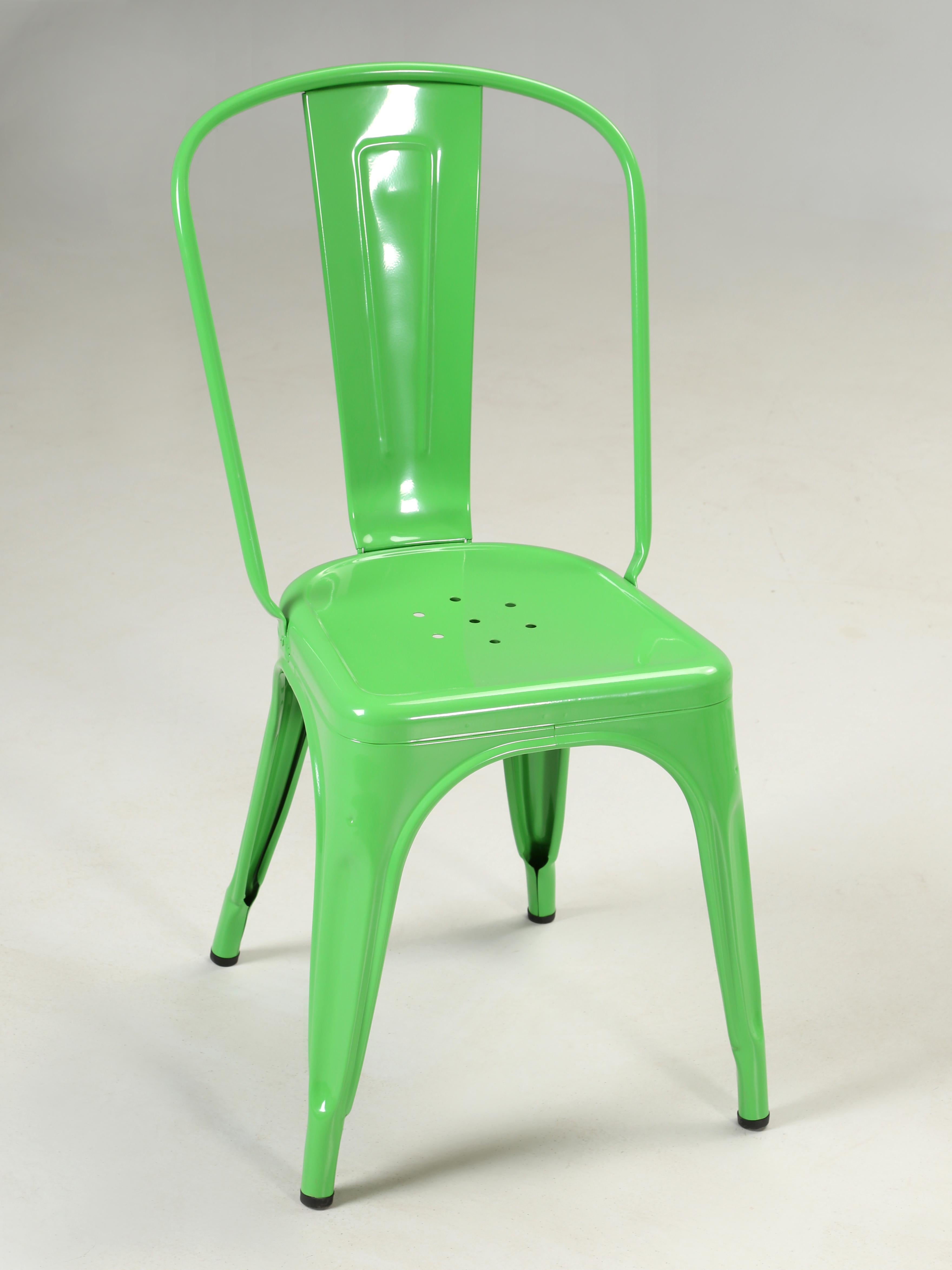 Painted Genuine French Bright Green Tolix Set '6' Steel Chairs, Cosmetic Flaws For Sale