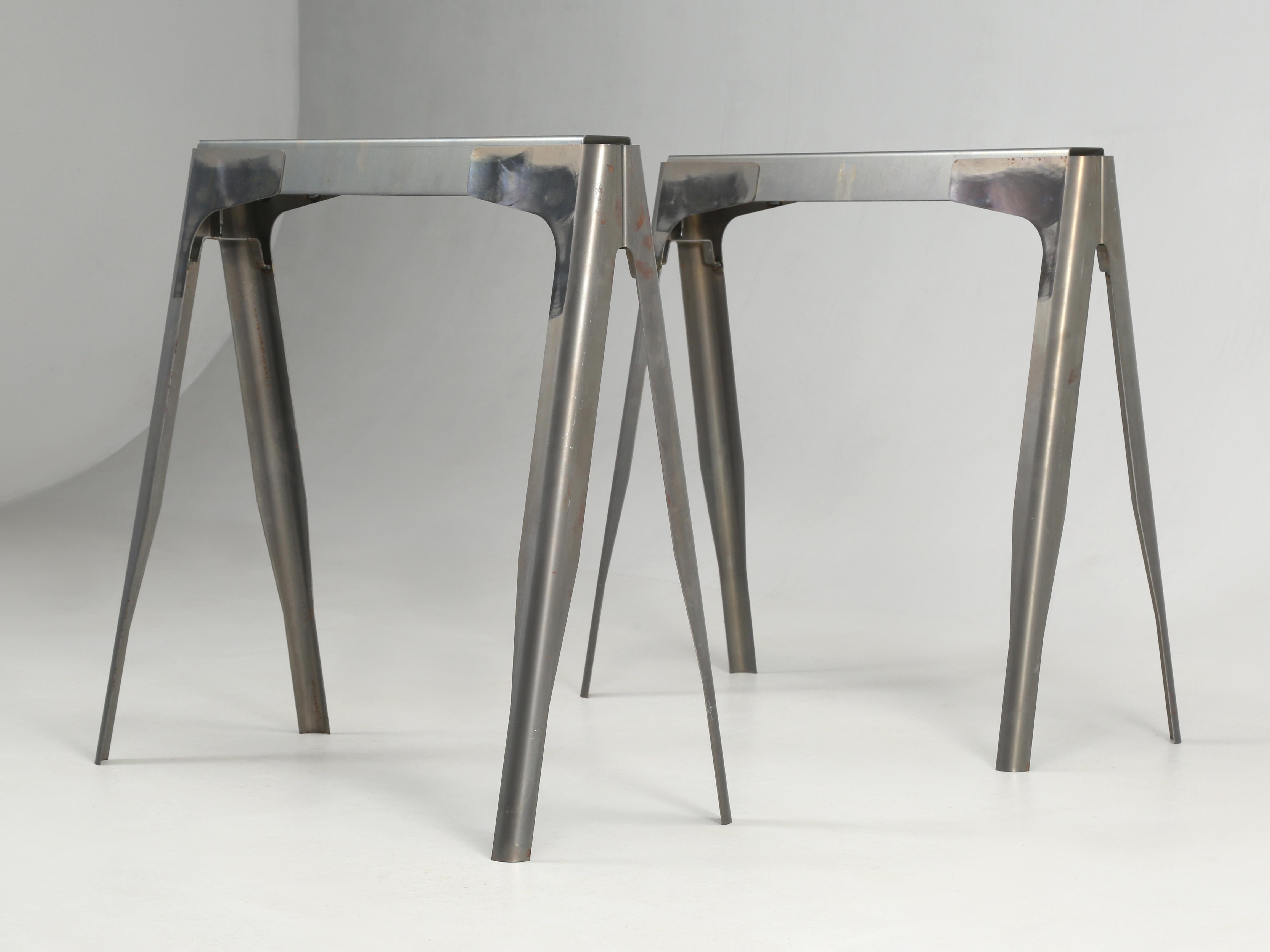 Genuine made in France Tolix steel trestle table legs. The Tolix trestle table legs are available in raw steel and can be painted in any color. We have at this time, roughly a half-dozen pairs available, along with (1500) additional pieces of