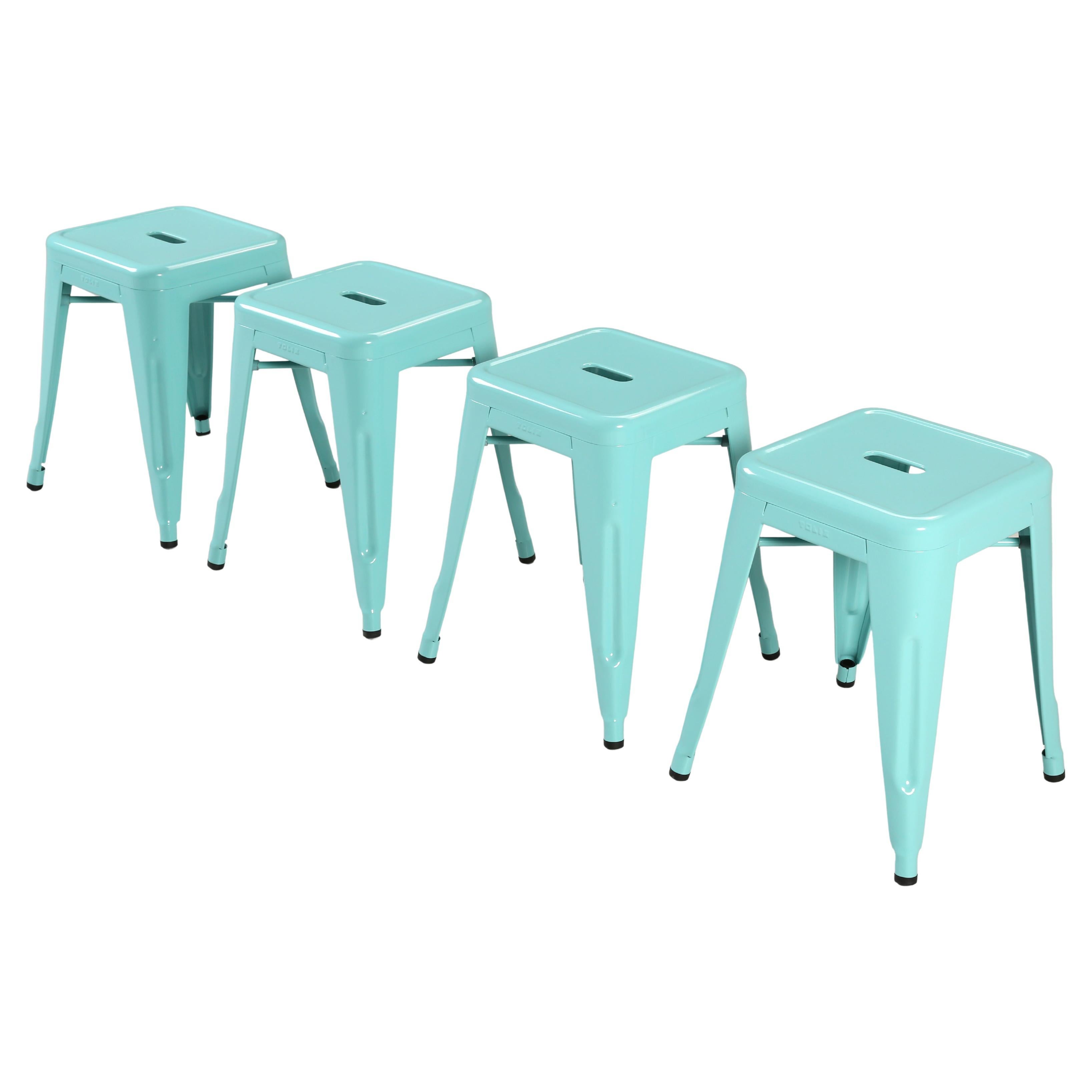 Genuine French Tolix Cyan Blue Stacking Dining Table Height Stools Set of (4)