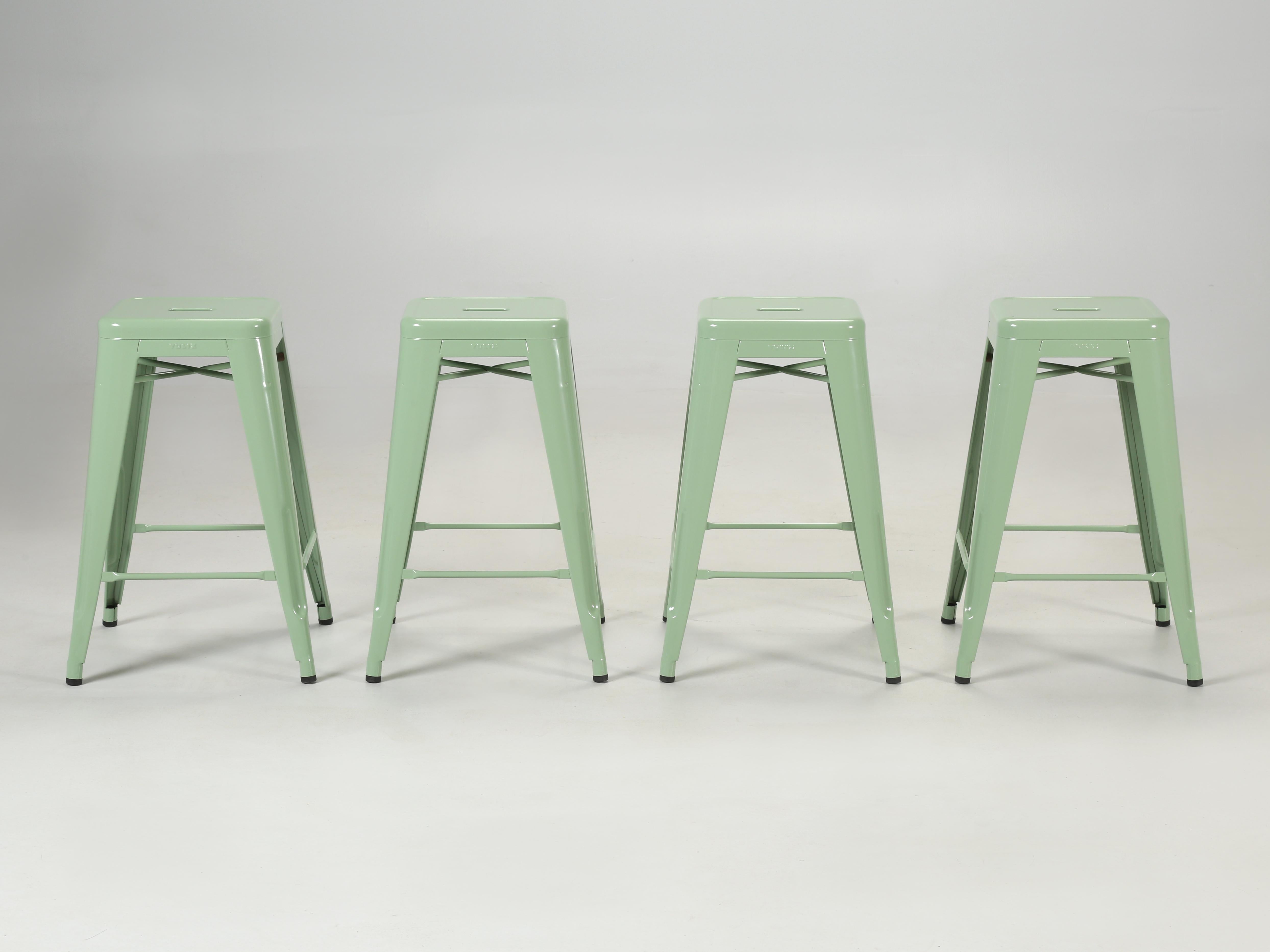 The French firm, Tolix was the originator of the steel stacking chair in the 1920’s, from Xavier Pauchard’ s original design. Later, Tolix would expand into the steel stacking stools you see in our listing on 1stdibs. We stock the steel Tolix