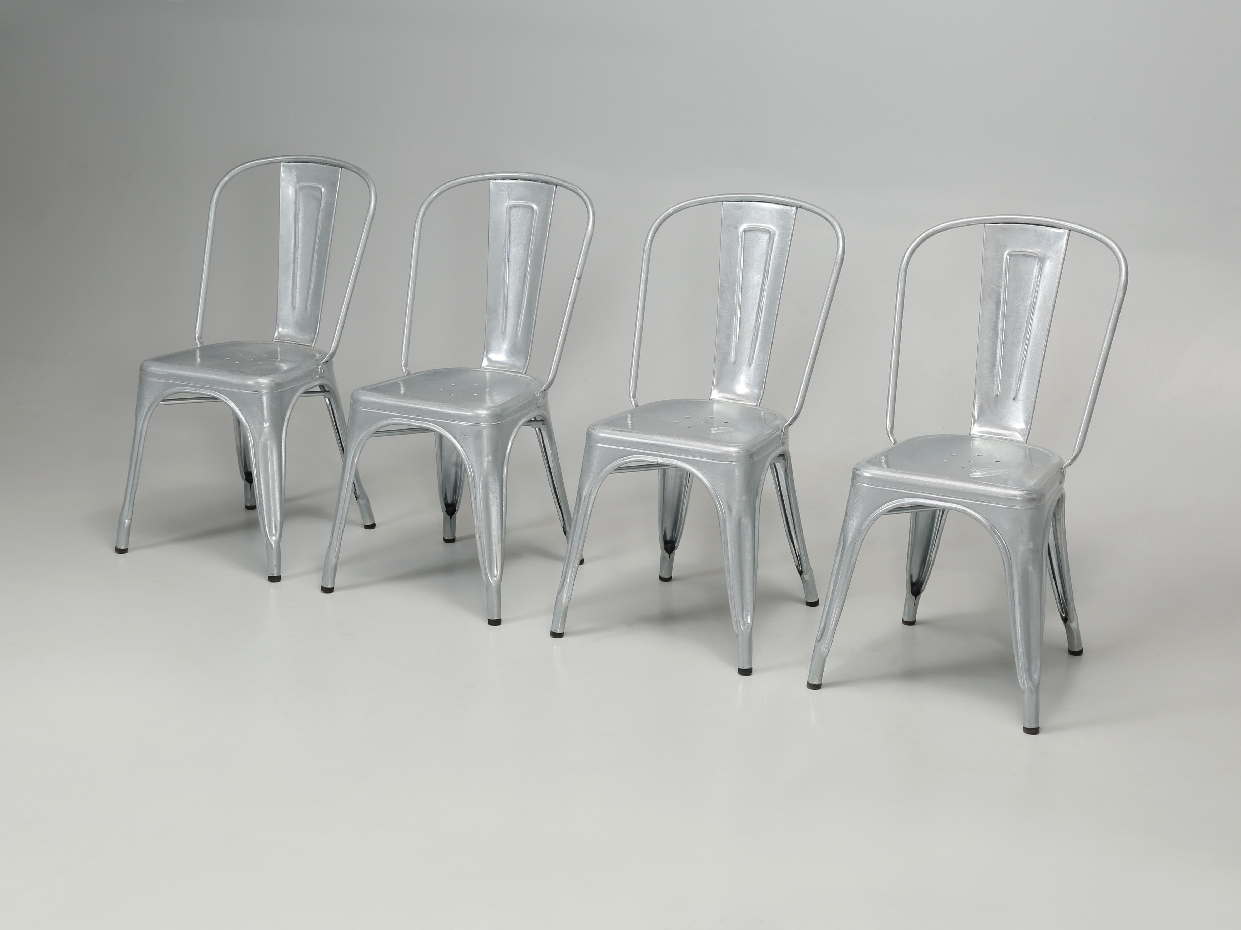 Genuine French Made Tolix steel stacking chairs with an unusual “Galvanized Finish” Strangely enough, it was France where the first Galvanized process was patented in 1836. By Galvanizing the Tolix Chairs, they become true Outdoor Dining Chairs and