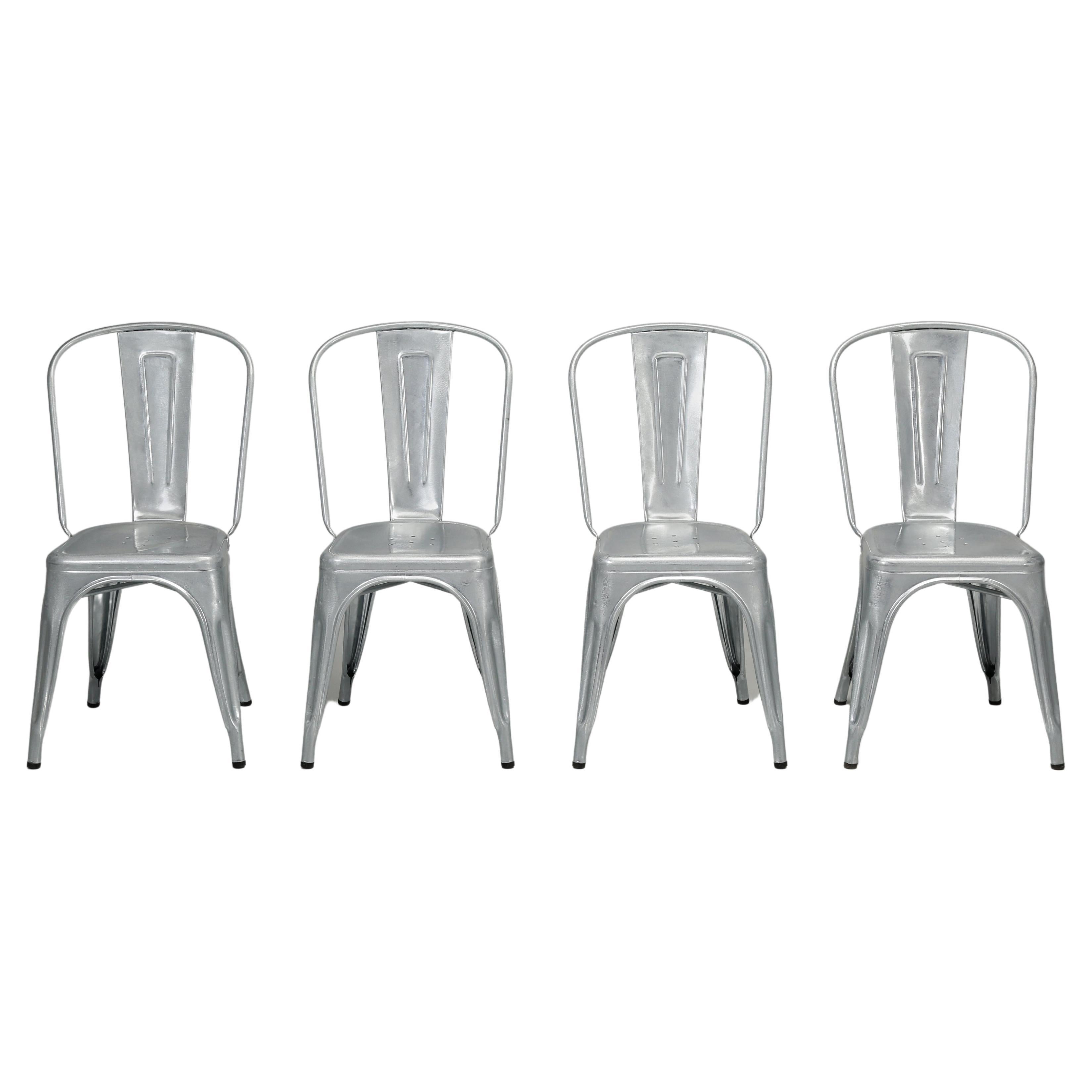 Genuine French Tolix Steel Stacking Chairs Set 4 Galvanized with a Clear-Coat