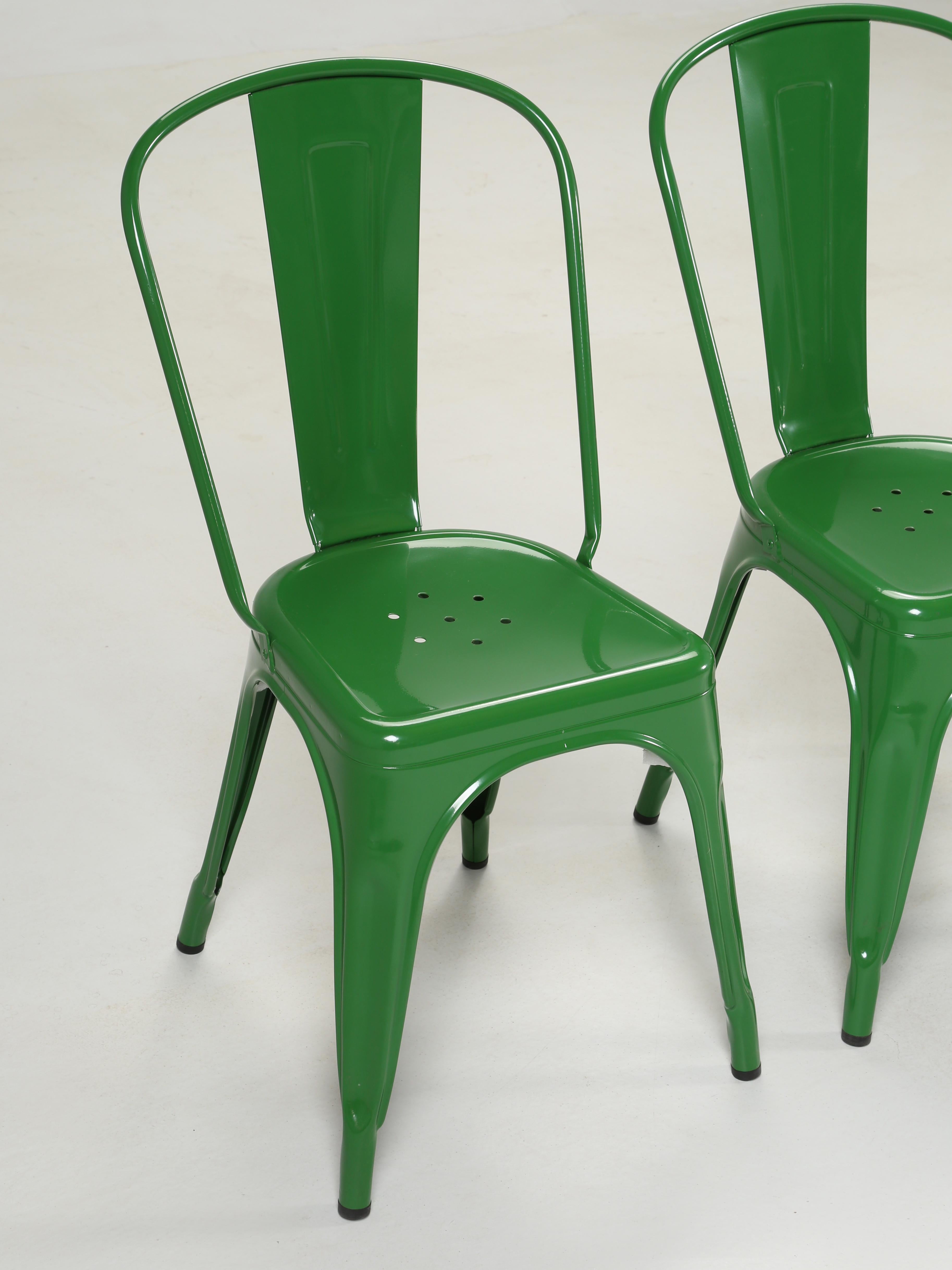 Industrial Genuine French Tolix Steel Stacking Chairs Set (5) in a Beautiful Bright Green For Sale