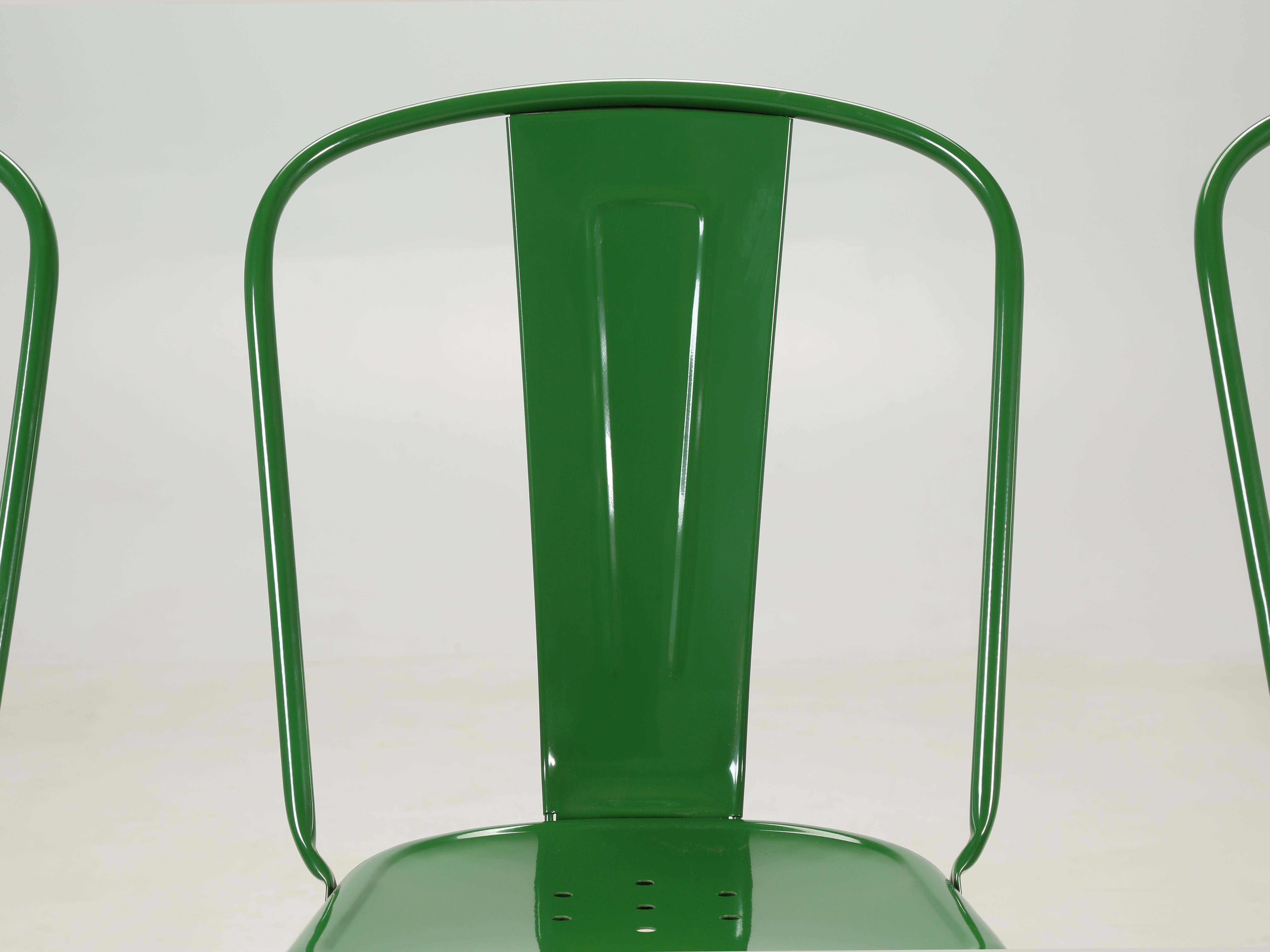 Hand-Crafted Genuine French Tolix Steel Stacking Chairs Set (5) in a Beautiful Bright Green For Sale