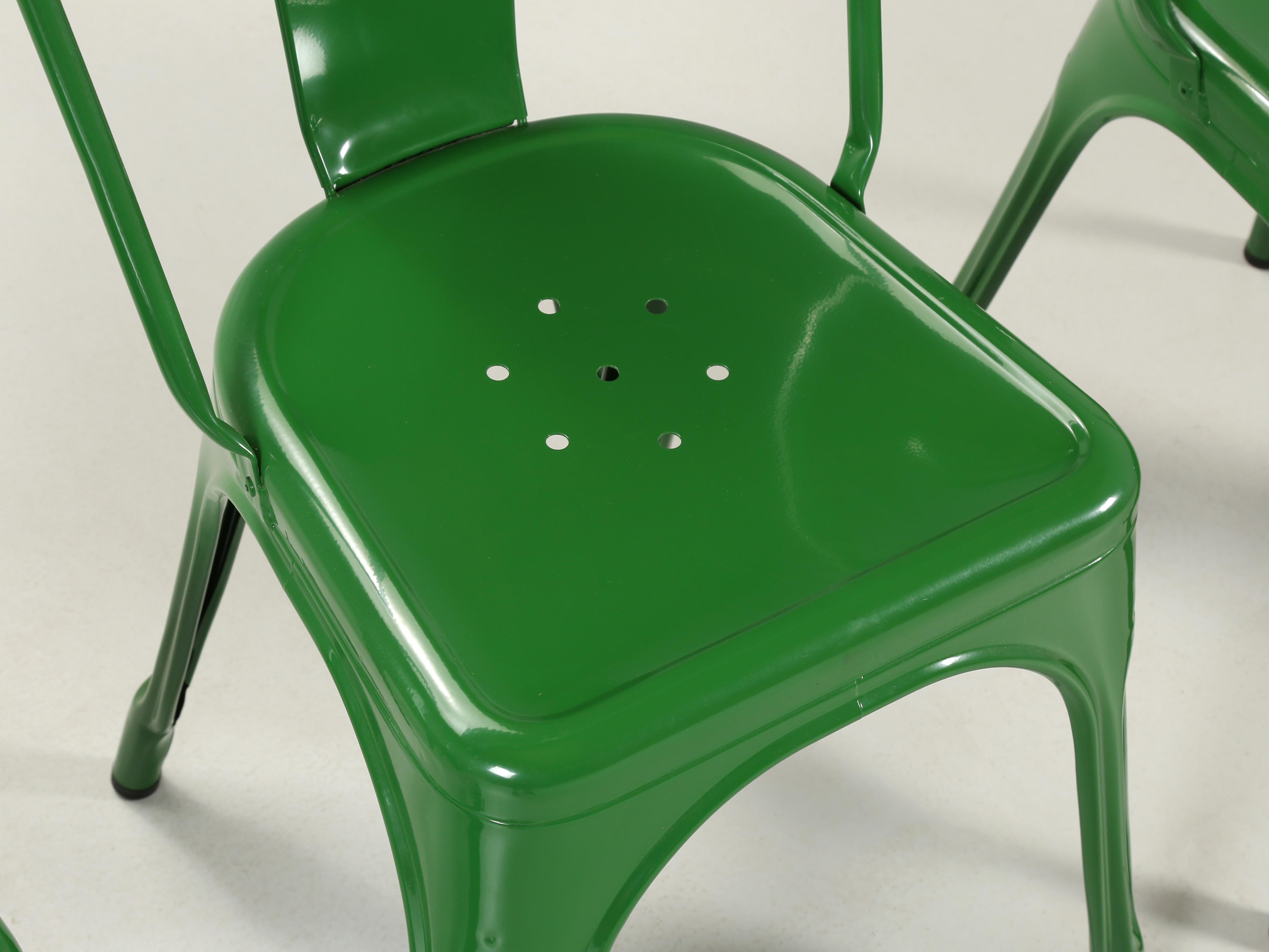 Genuine French Tolix Steel Stacking Chairs Set (5) in a Beautiful Bright Green For Sale 1