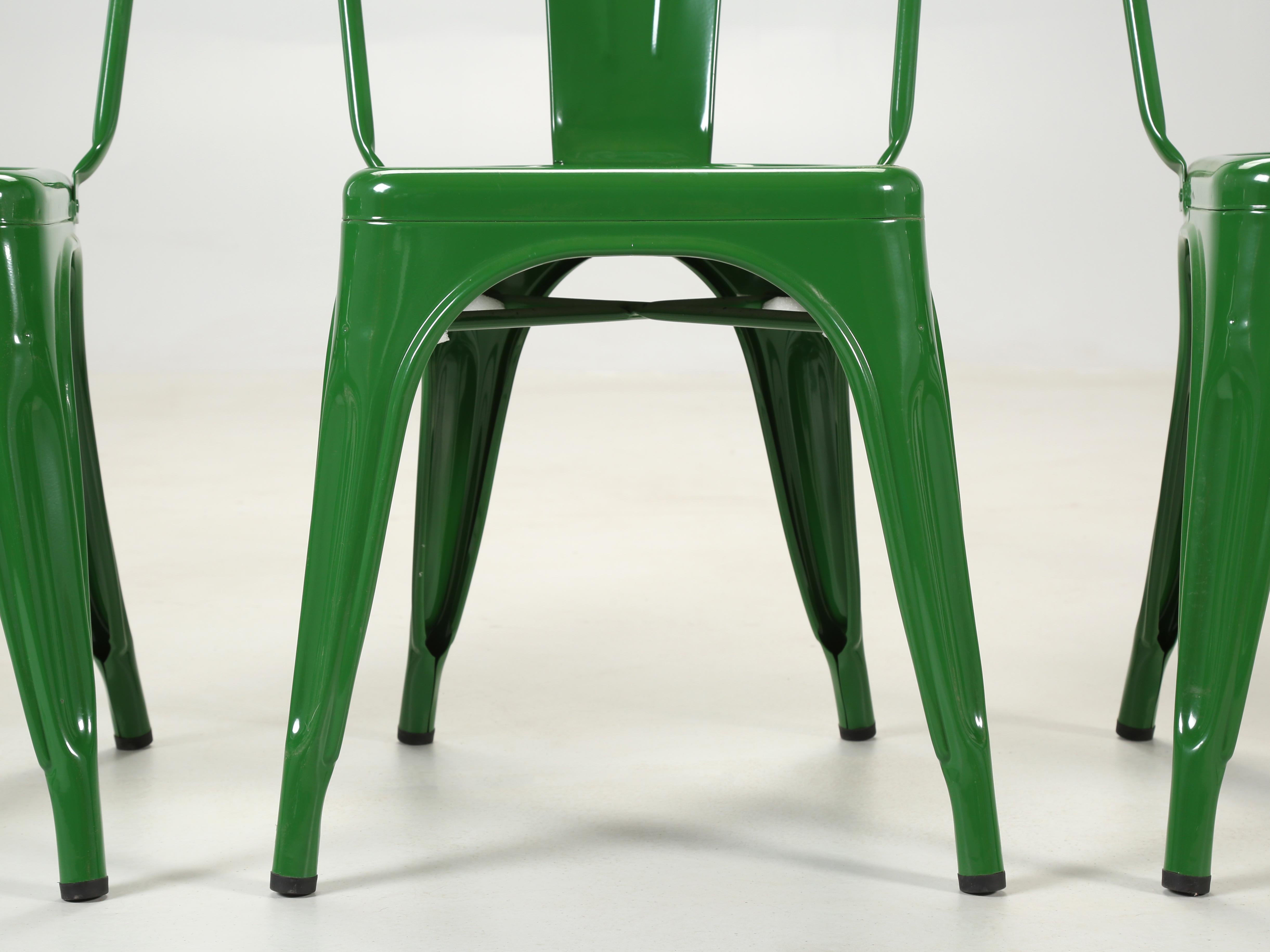 Genuine French Tolix Steel Stacking Chairs Set (5) in a Beautiful Bright Green For Sale 2