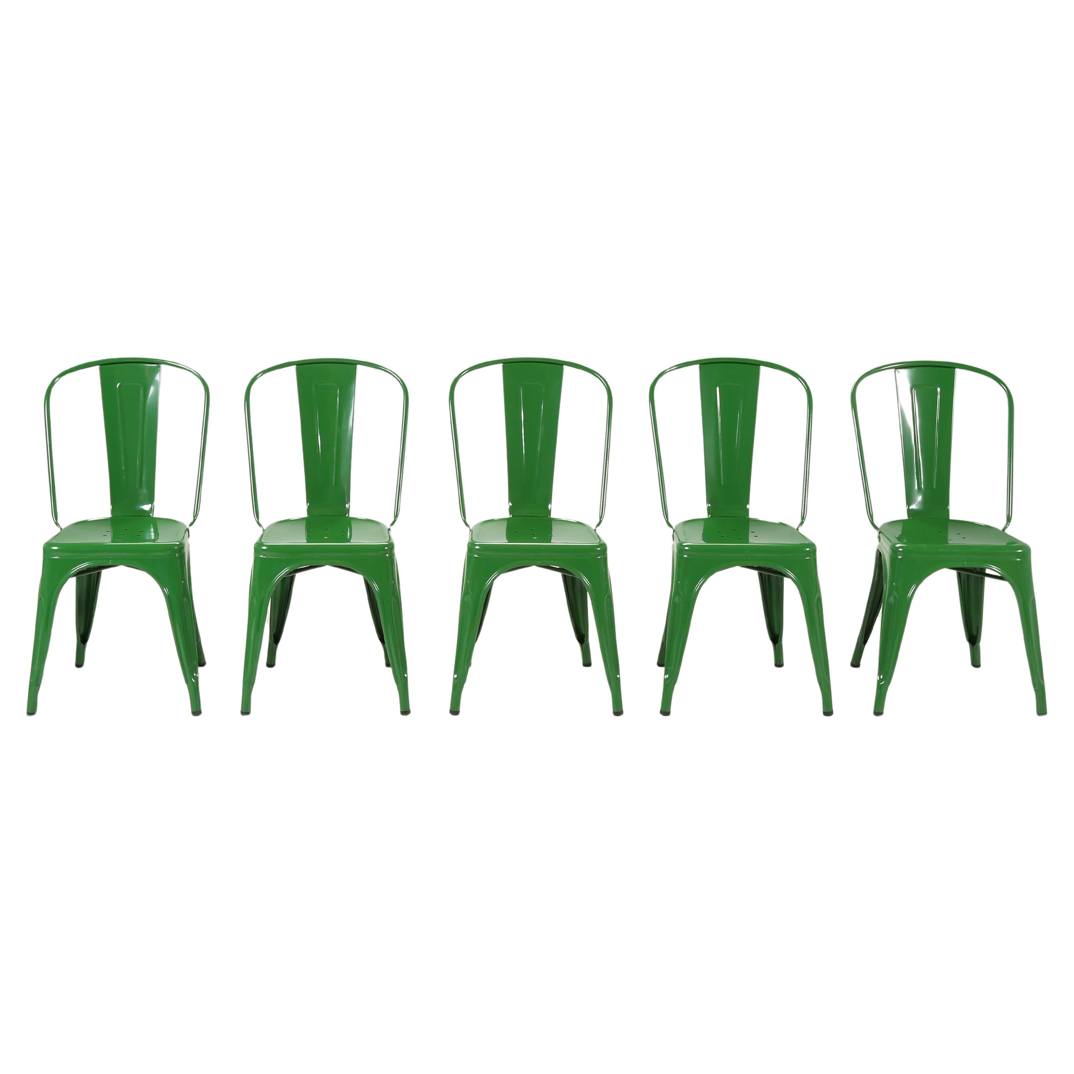 Genuine French Tolix Steel Stacking Chairs Set (5) in a Beautiful Bright Green For Sale