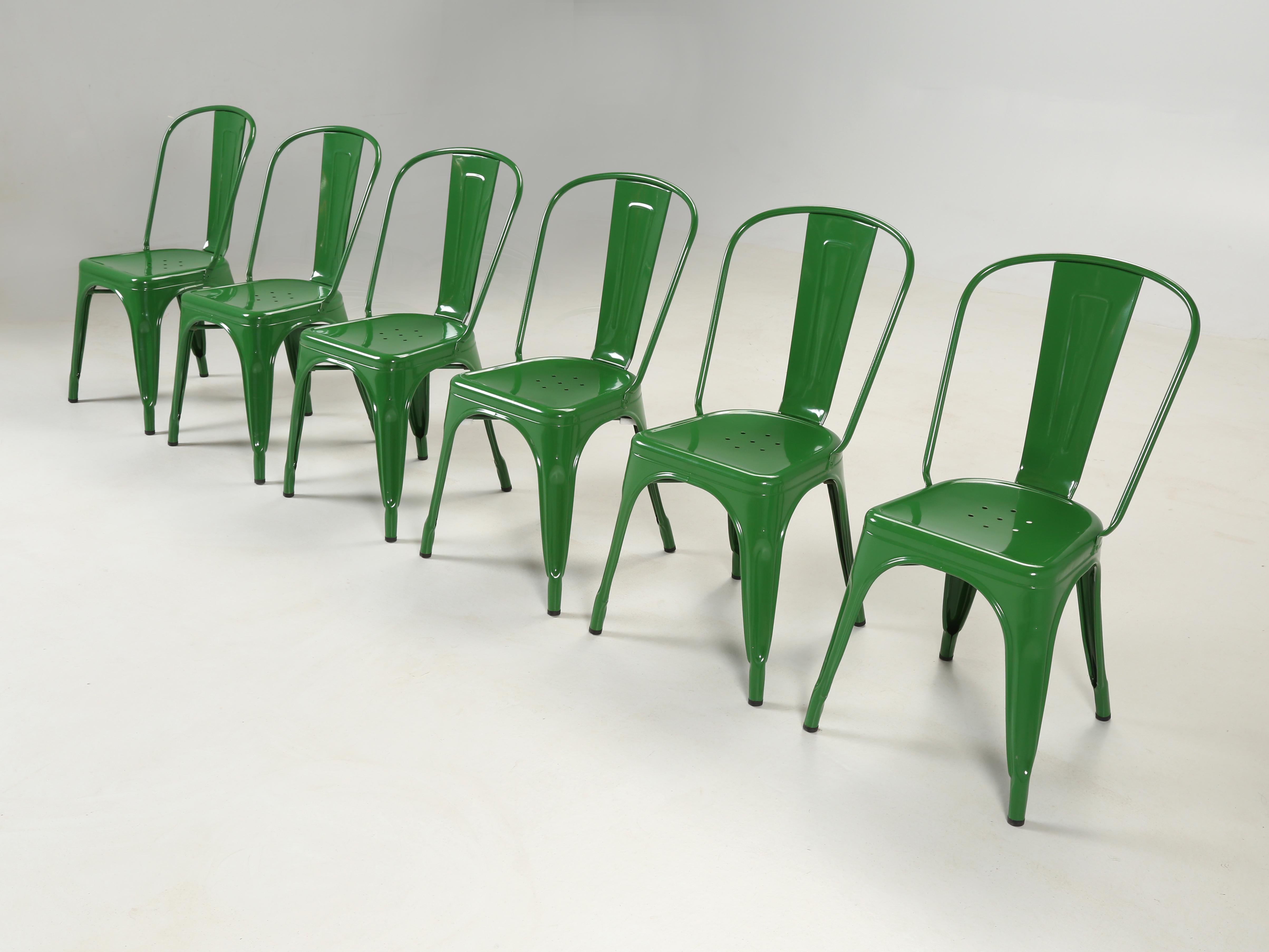 Genuine Tolix steel stacking chairs painted in their original Romarin dark green finish. This set of (6) Tolix stacking chairs have been in an warehouse for a number of years and will show some battle scars. Any and all flaws are only surface