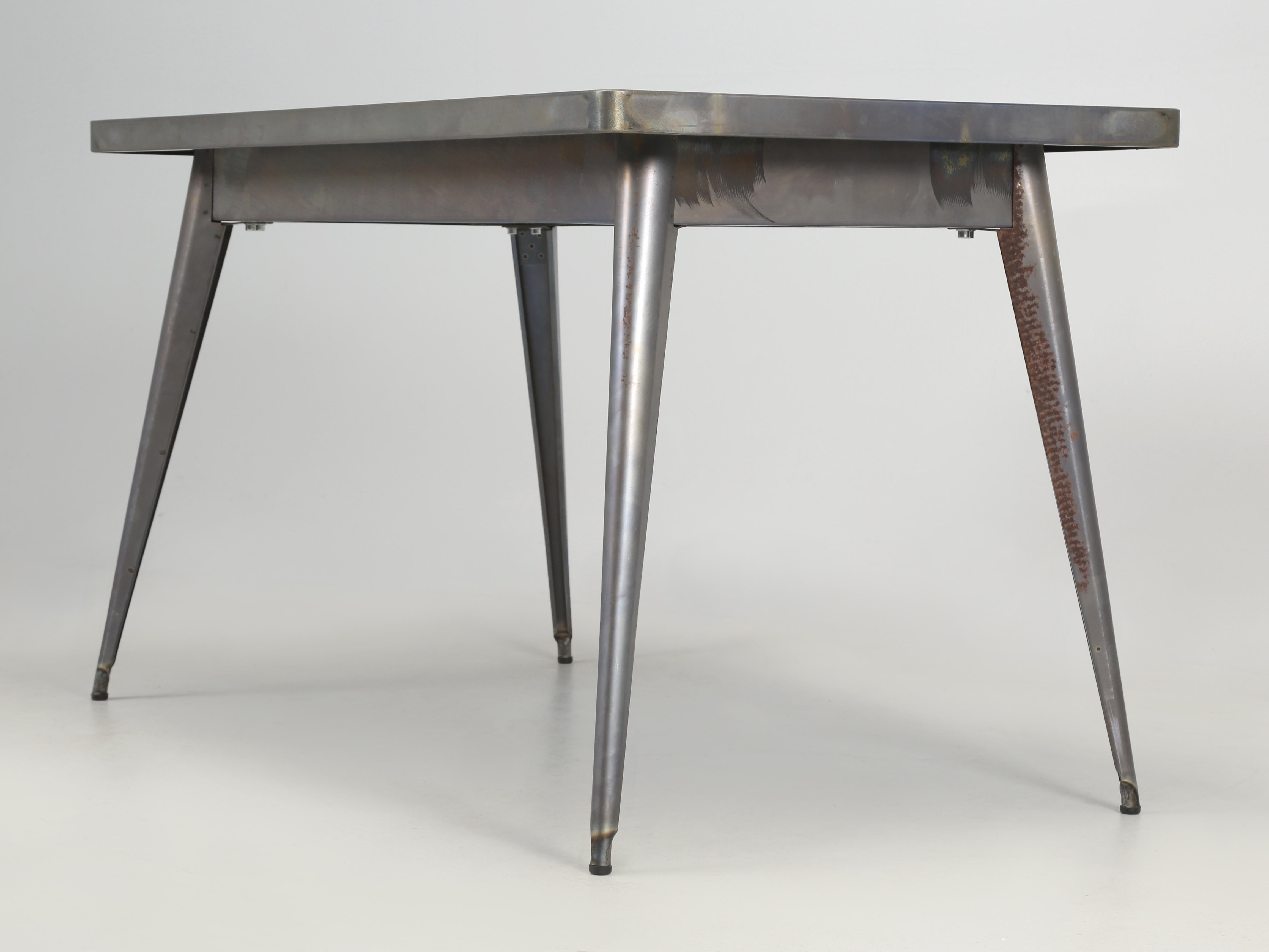 Genuine French Tolix Table in Raw Steel with '6' Matching Steel Stacking Chairs For Sale 4