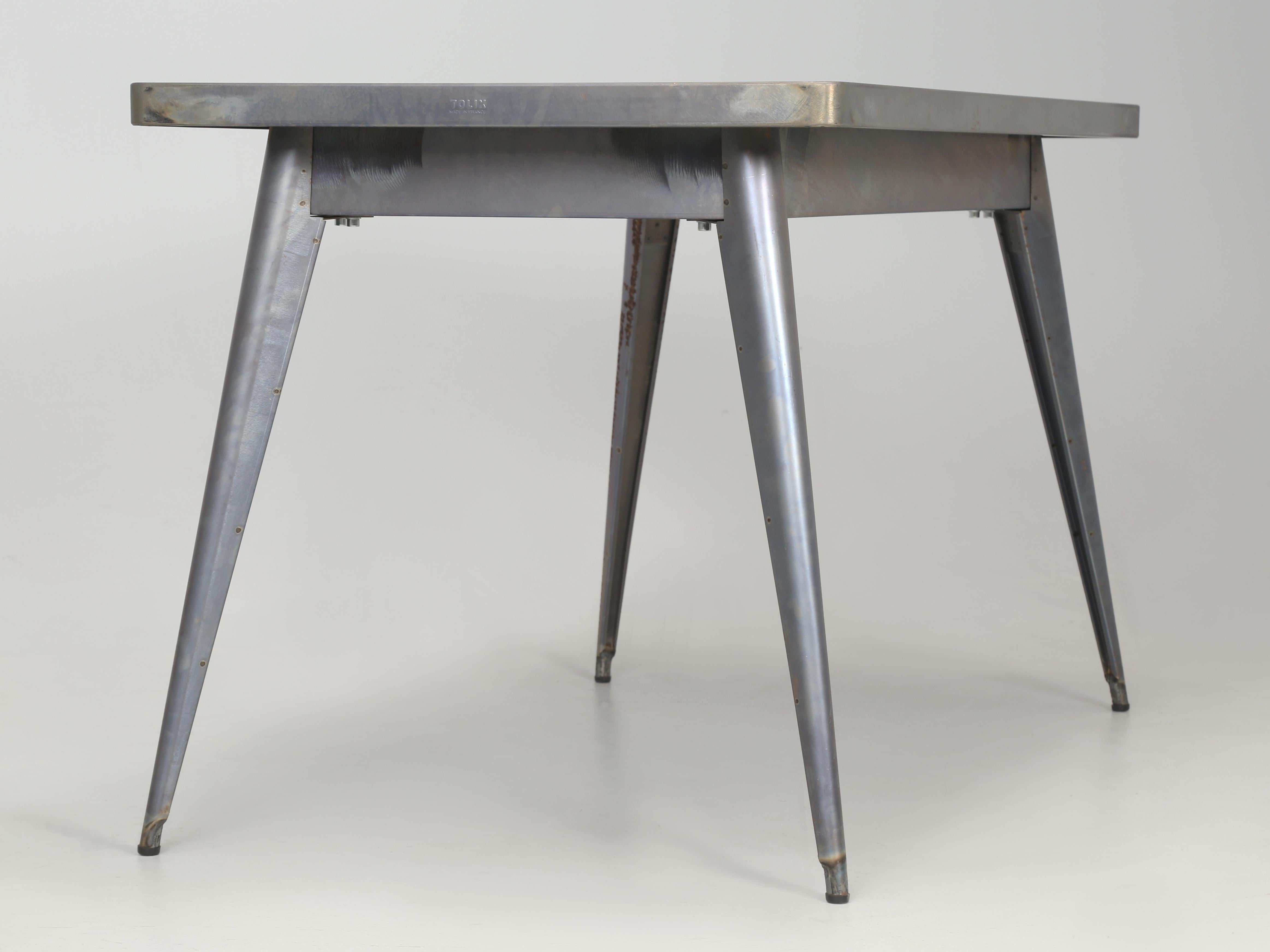Genuine French Tolix Table in Raw Steel with '6' Matching Steel Stacking Chairs For Sale 5