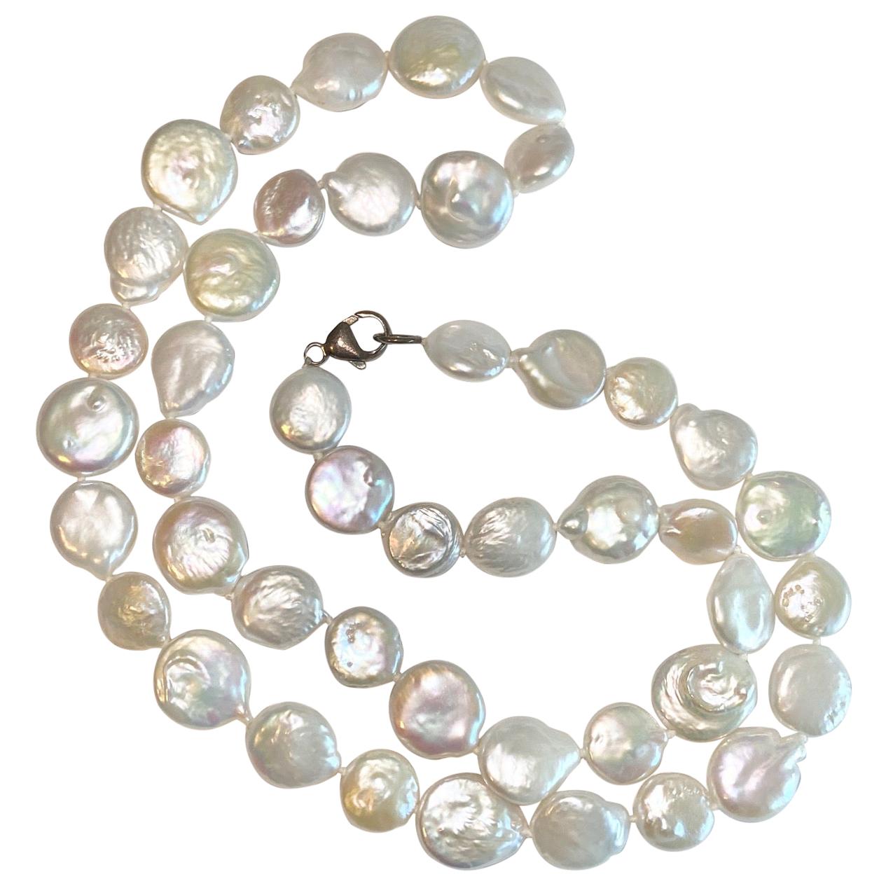 Genuine Freshwater Button and Coin Pearl Necklace Strand, Undyed and Ex Luster