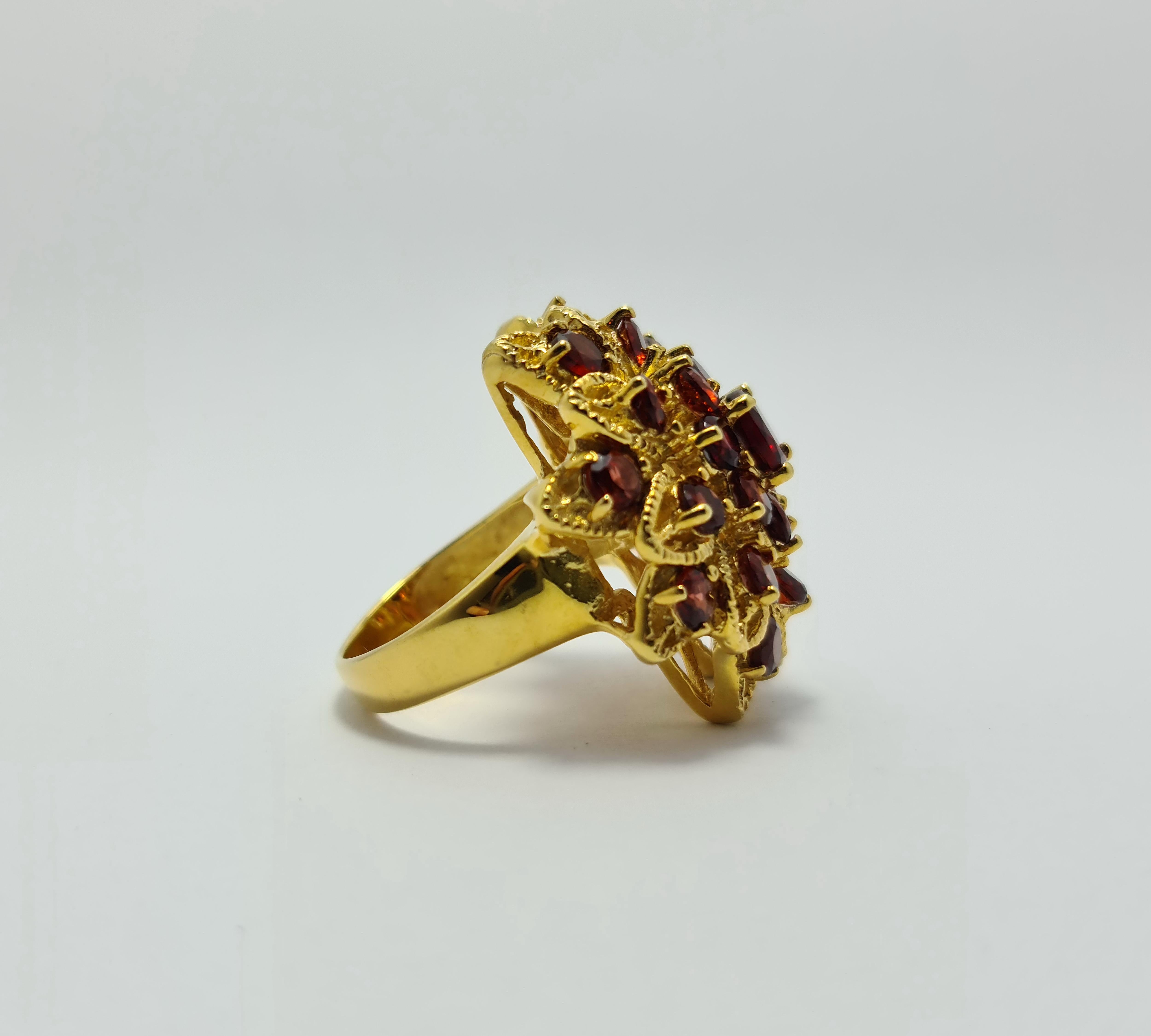 Art Deco Genuine Garnet Ring Sterling Silver Gold Plated Flower Garnet Ring For Sale