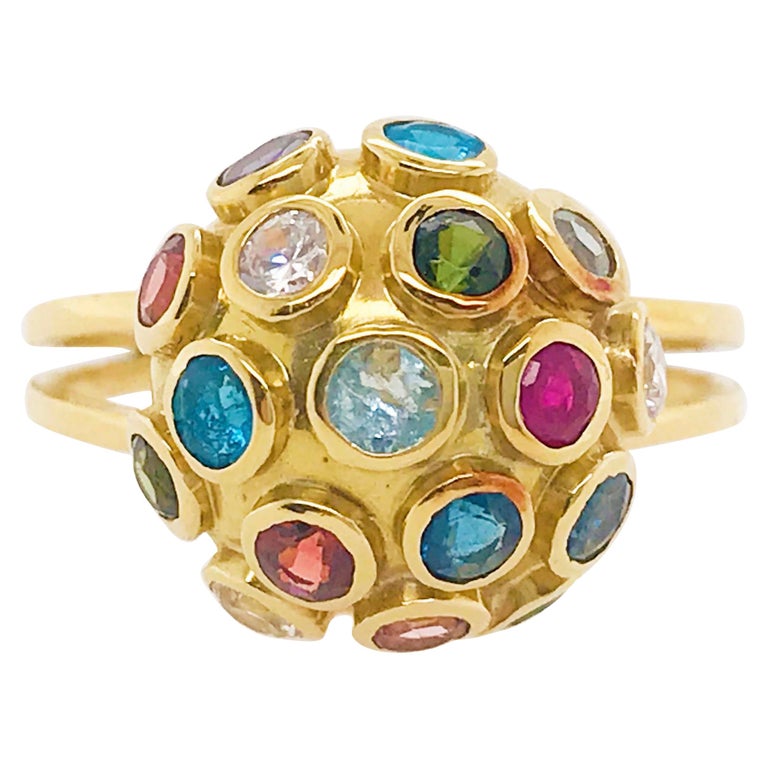 Genuine Gemstone Retro Dome Ring in 18 Karat Yellow Gold, Estate