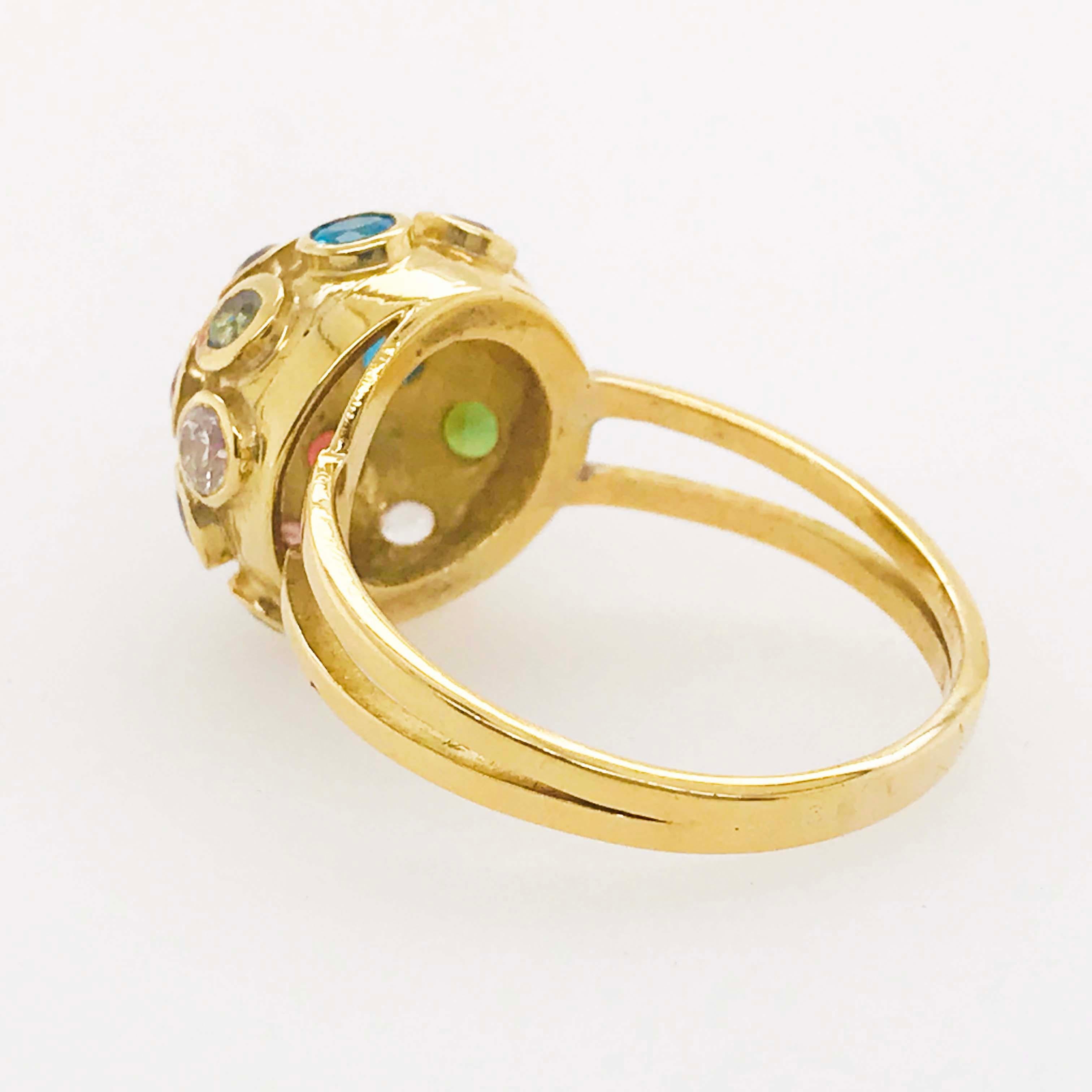 Women's or Men's Gemstone Retro Disco Ball Dome Ring in 18 Karat Yellow Gold, Estate Ring For Sale