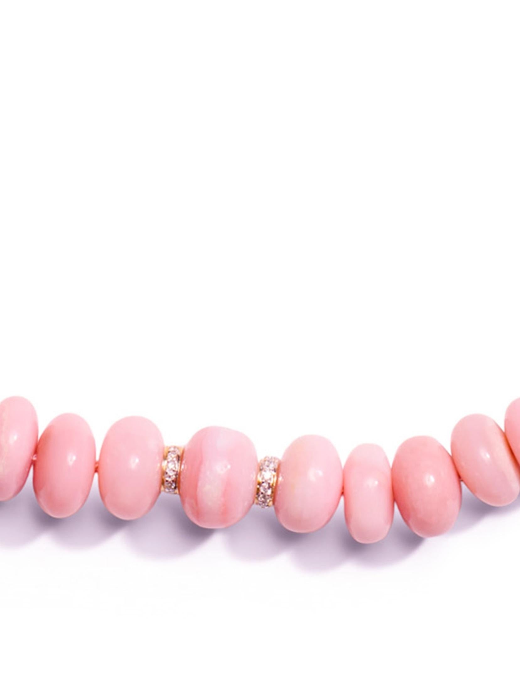 Modern Genuine Giant Pink Opal Beaded Diamond Yellow Gold Necklace