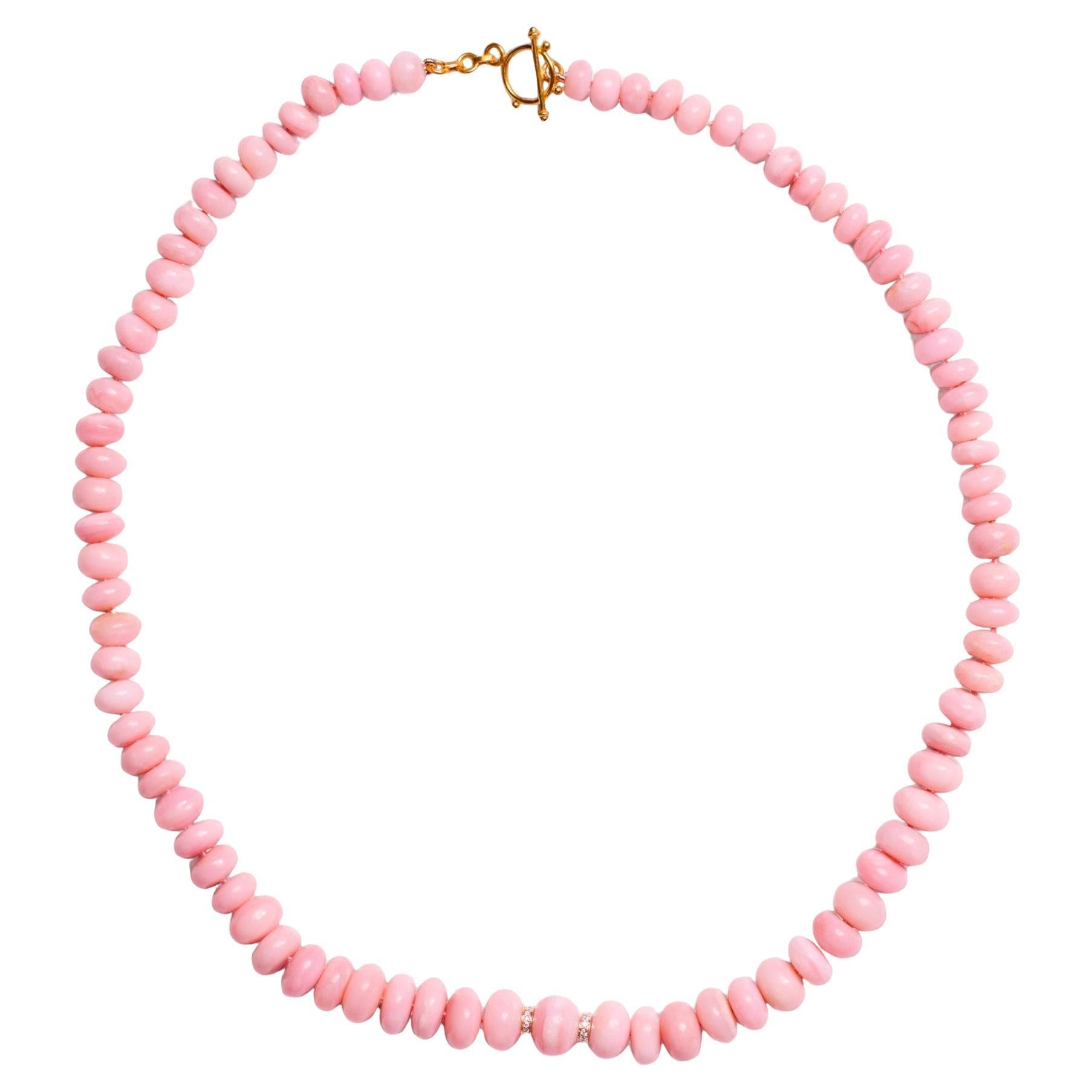 Genuine Giant Pink Opal Beaded Diamond Yellow Gold Necklace In New Condition In GOES, NL