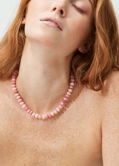 Genuine Giant Pink Opal Beaded Diamond Yellow Gold Necklace