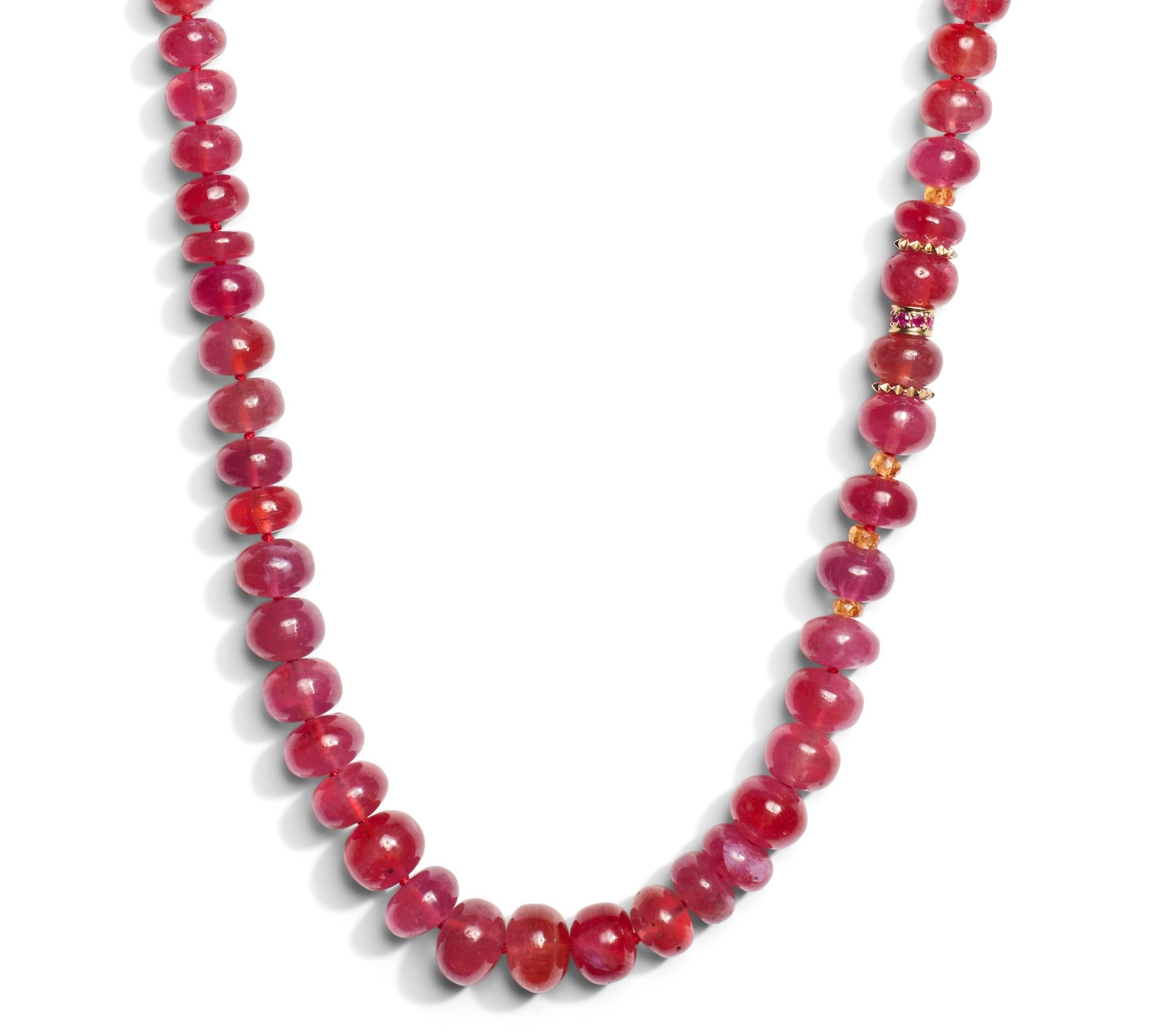 Women's Genuine Giant Pink Madagascar Ruby Beaded Necklace in Yellow Gold For Sale
