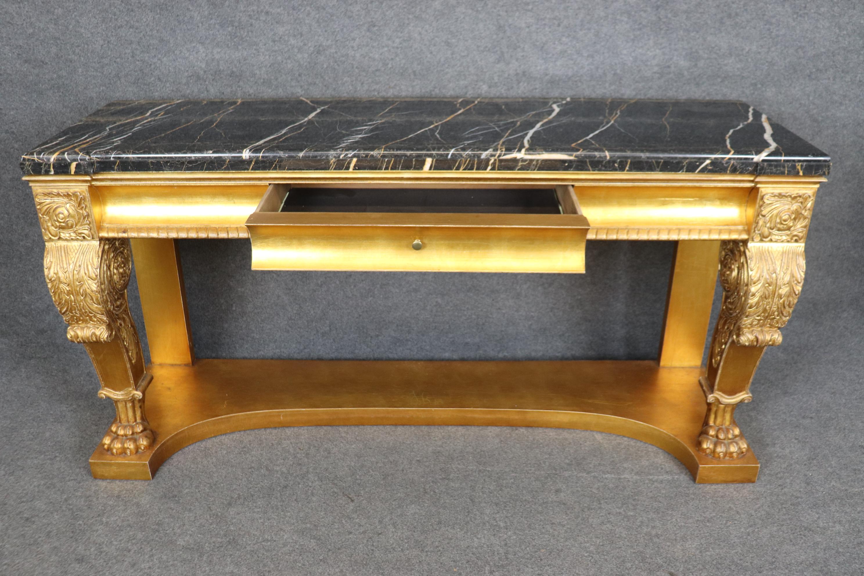 Empire Revival Genuine Gold Leaf Gilded Henredon Portoro Marble Carved Grand Console Buffet