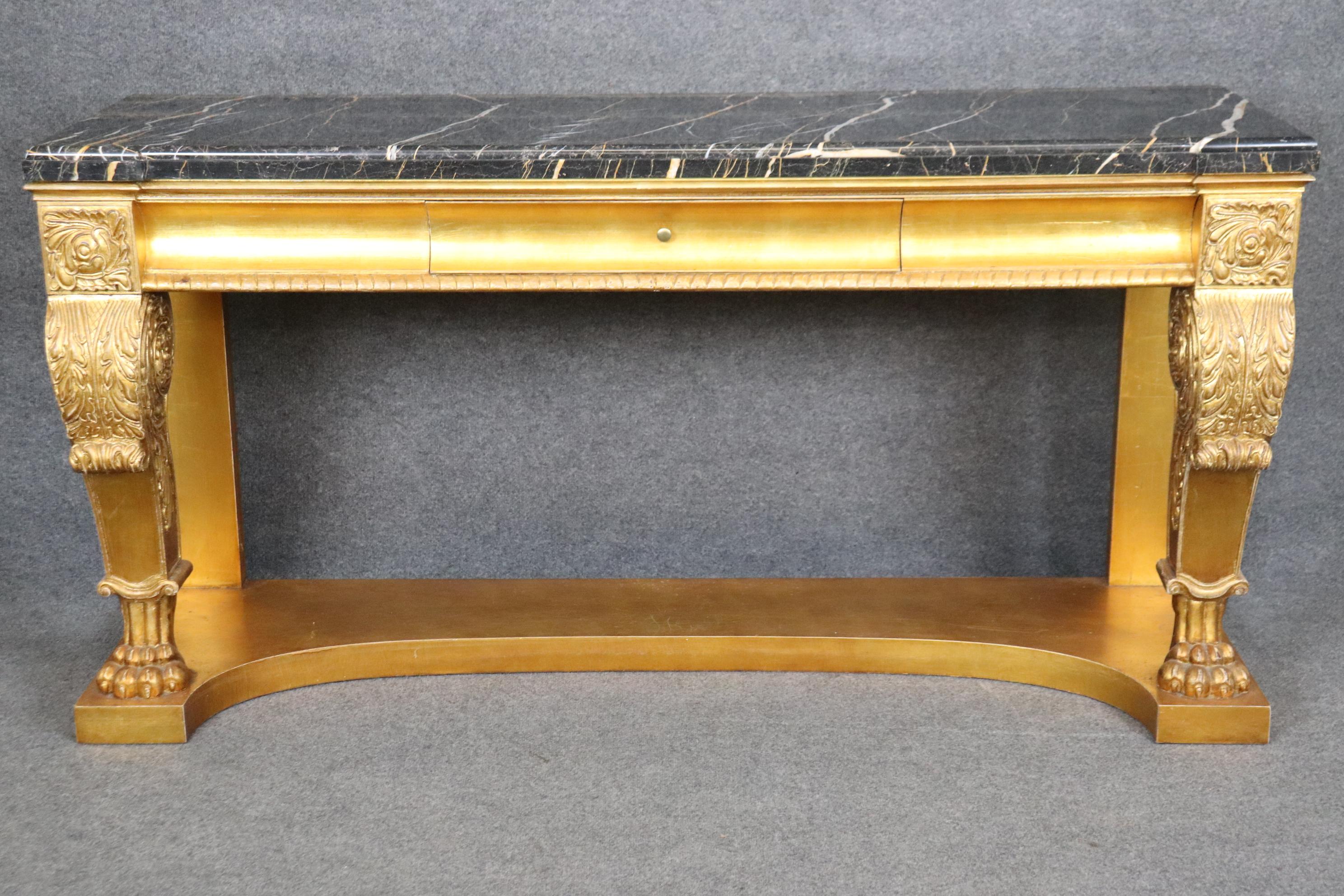 American Genuine Gold Leaf Gilded Henredon Portoro Marble Carved Grand Console Buffet