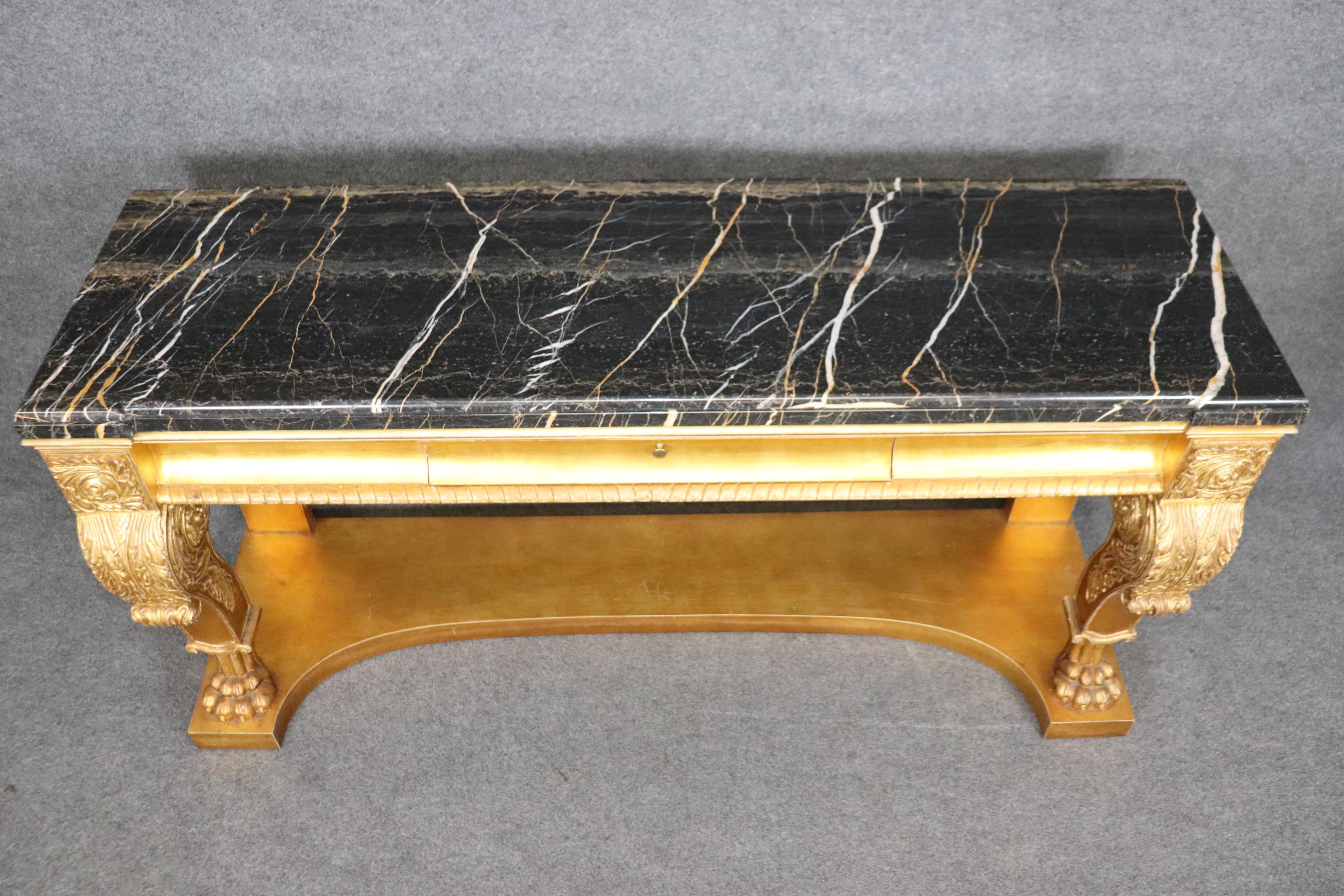 Genuine Gold Leaf Gilded Henredon Portoro Marble Carved Grand Console Buffet In Good Condition In Swedesboro, NJ