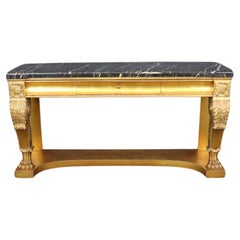 Antique Genuine Gold Leaf Gilded Henredon Portoro Marble Carved Grand Console Buffet 