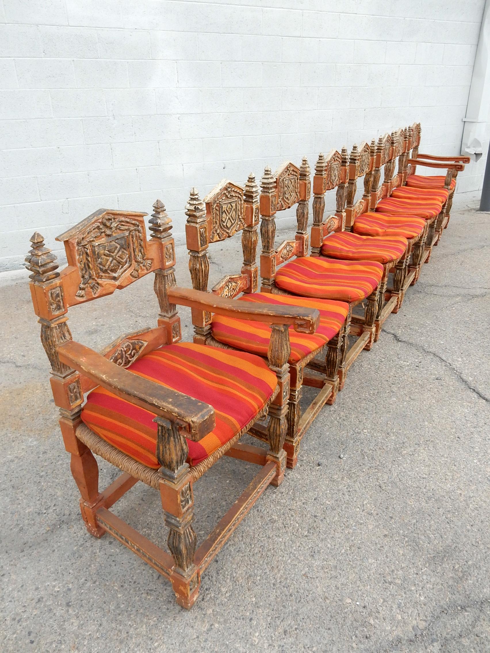 Genuine Gothic Revival Carved Polychrome Dining Chairs, Set of 8 7