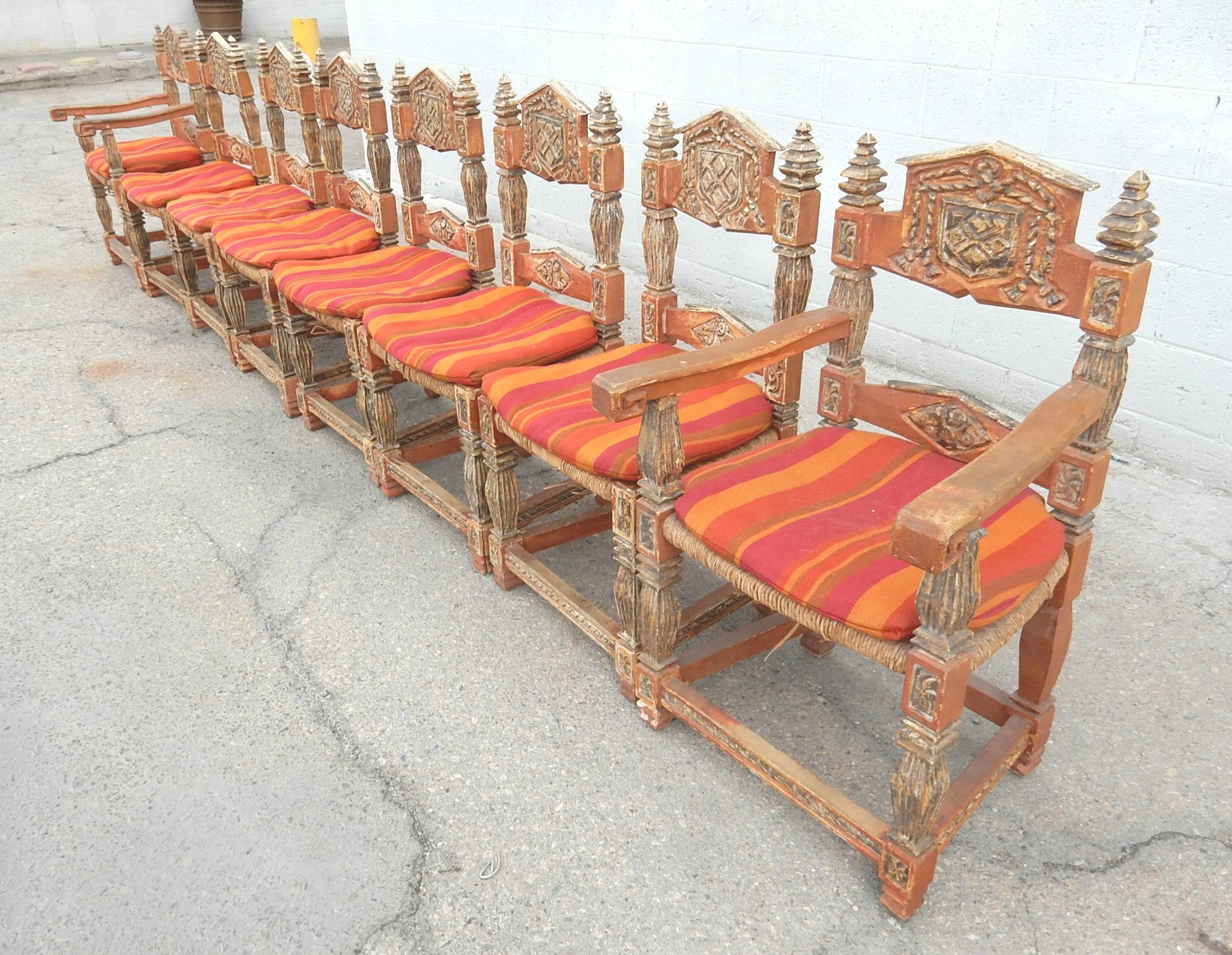 Set of 8 (2 captain and 6 sides) gothic revival dining chairs with
polychrome hand carved frame and natural grass rush seating area.
Custom made wool cushion pads made for these in the 1970s.
Gorgeous aged patina never restored or repaired.
