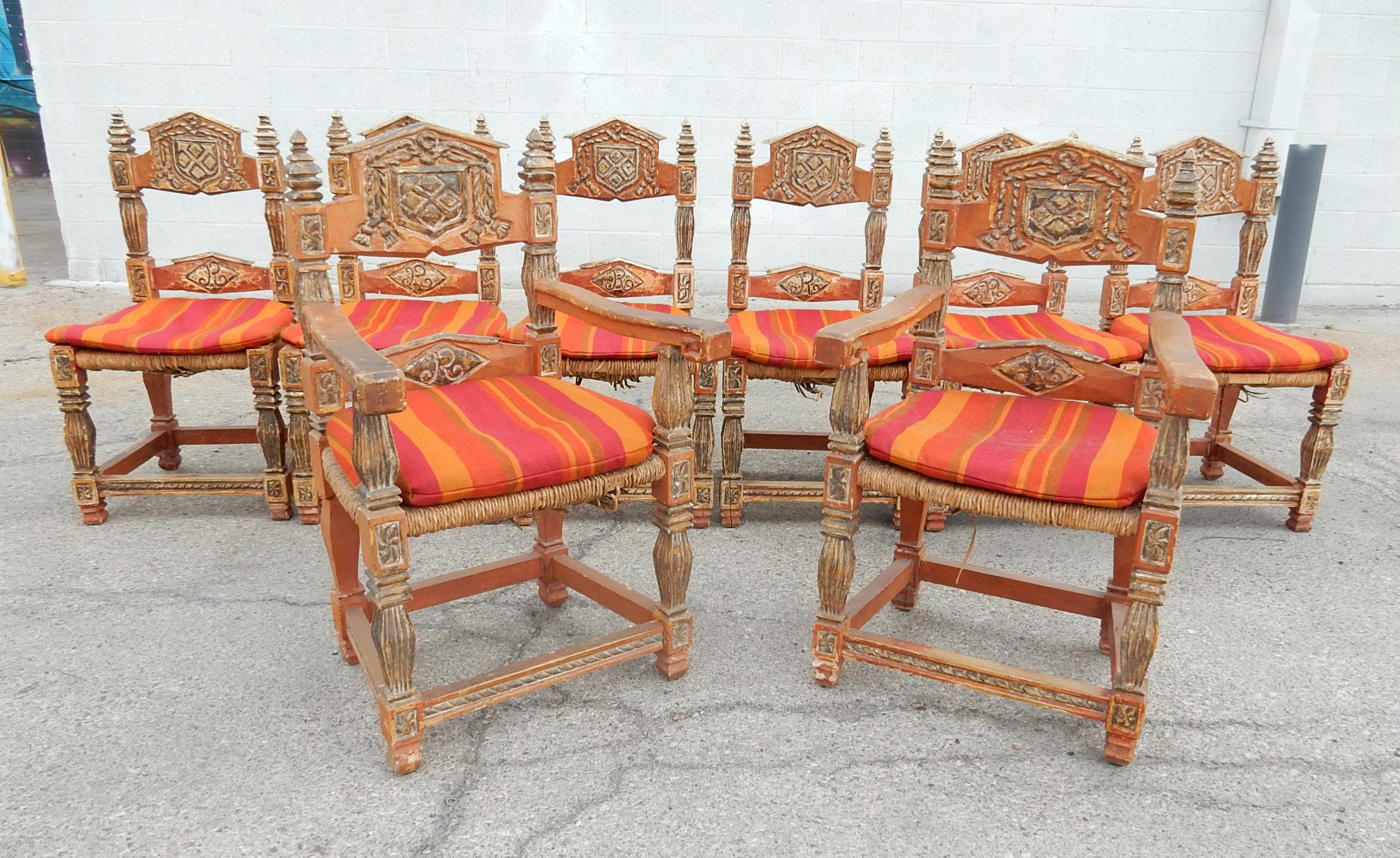 Genuine Gothic Revival Carved Polychrome Dining Chairs, Set of 8 5