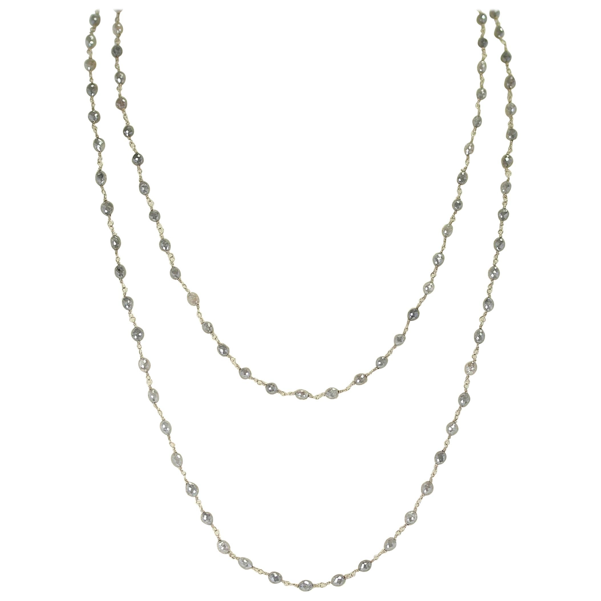 Genuine Gray Diamond Drum-Shape Beads Wire-Wrapped Necklace, 18 Karat White