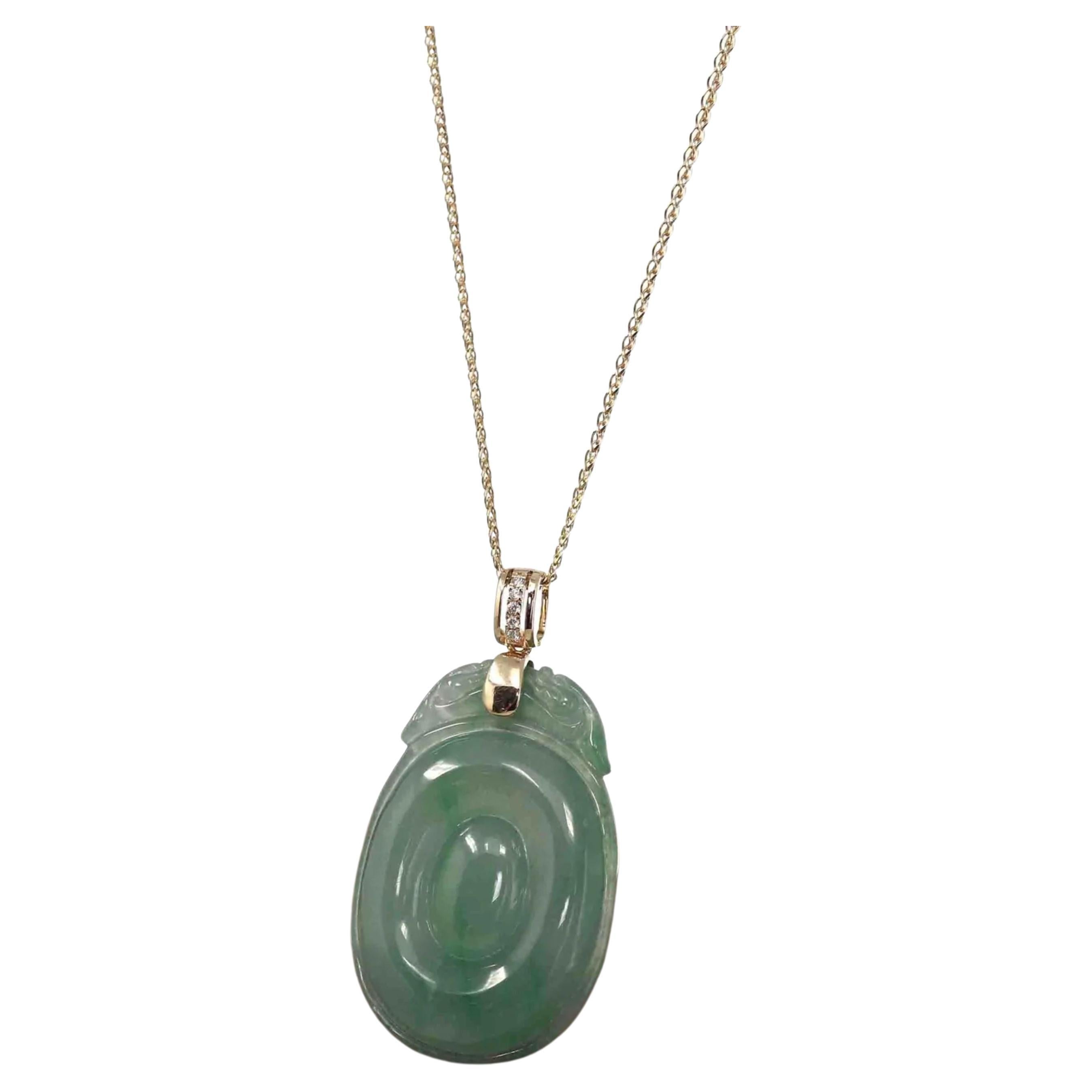 Genuine Green Jadeite Jade Dragon Necklace with Gold Bail For Sale at