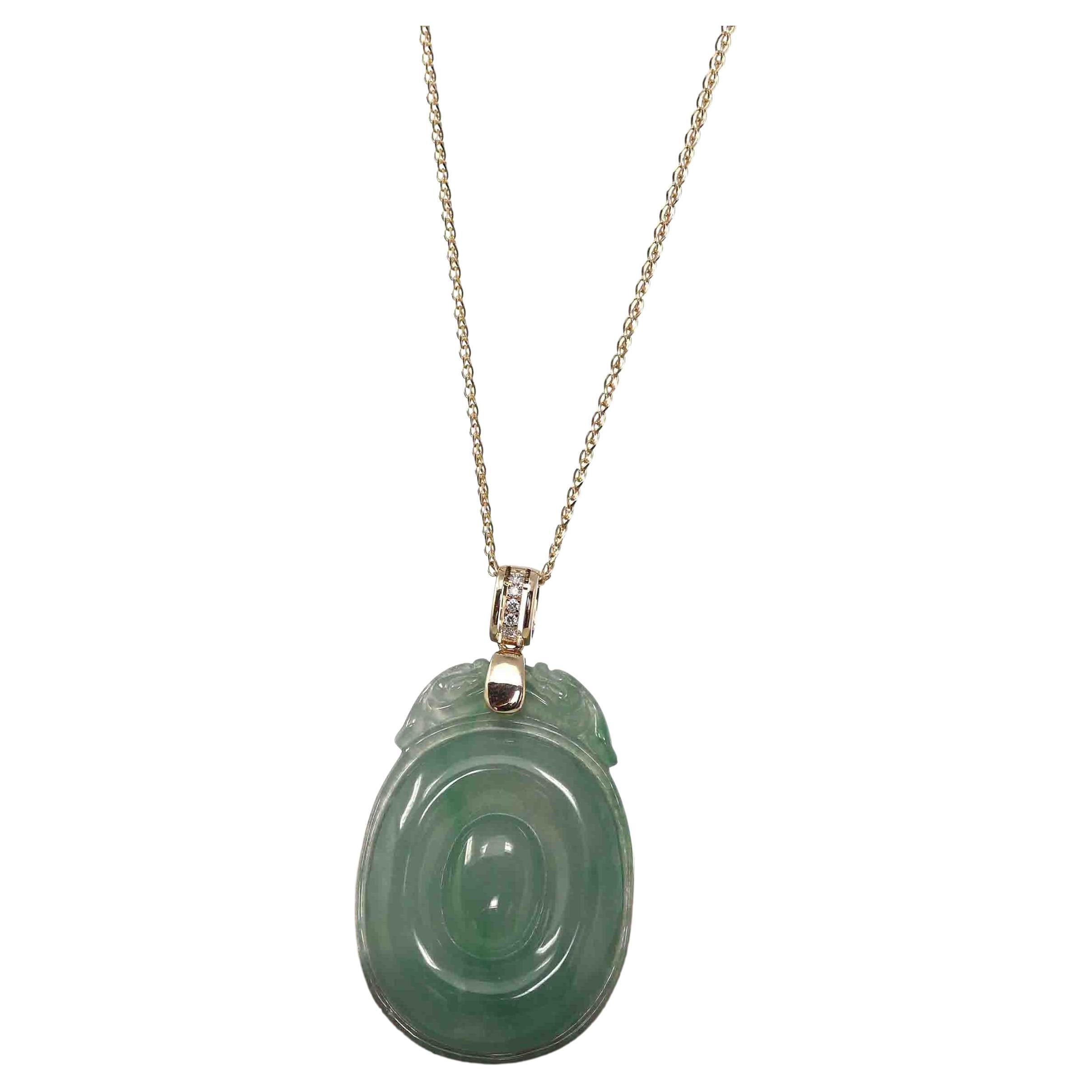 Genuine Green Jadeite Jade Dragon Necklace With VSI Diamond Gold Bail
