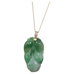 Genuine Green Jadeite Jade Leaf Necklace with VSI Diamond Gold Bail