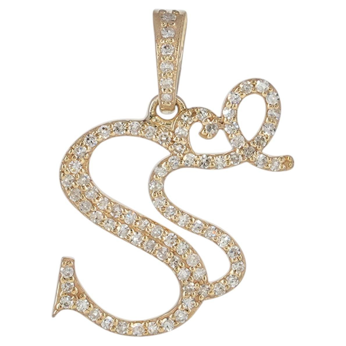 Genuine H/SI Diamond S Initial Designer Pendant 14k Yellow Gold Fine Jewelry For Sale