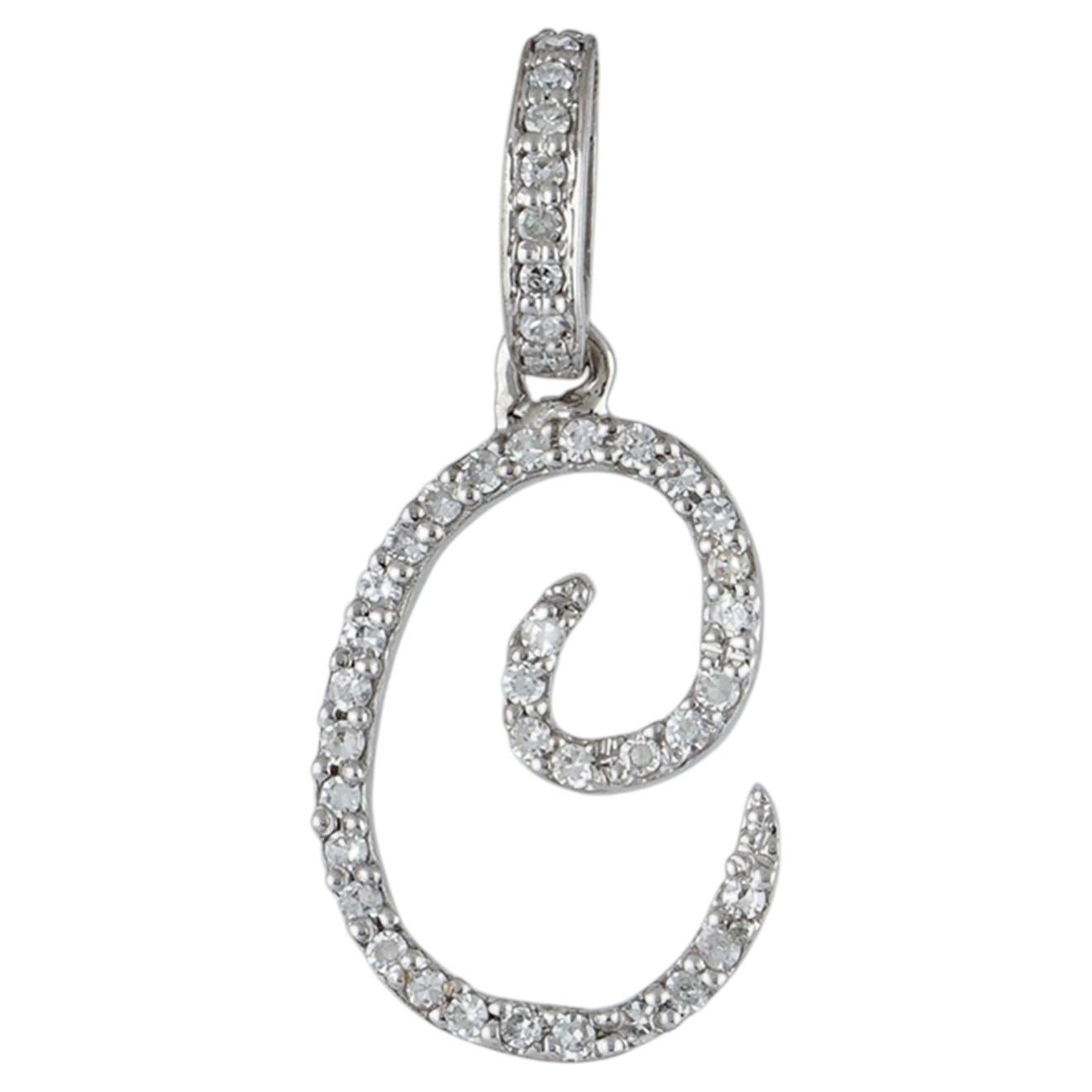 Genuine H/Si White Diamond C Initial Letter Charm Solid 14k White Gold Pendant