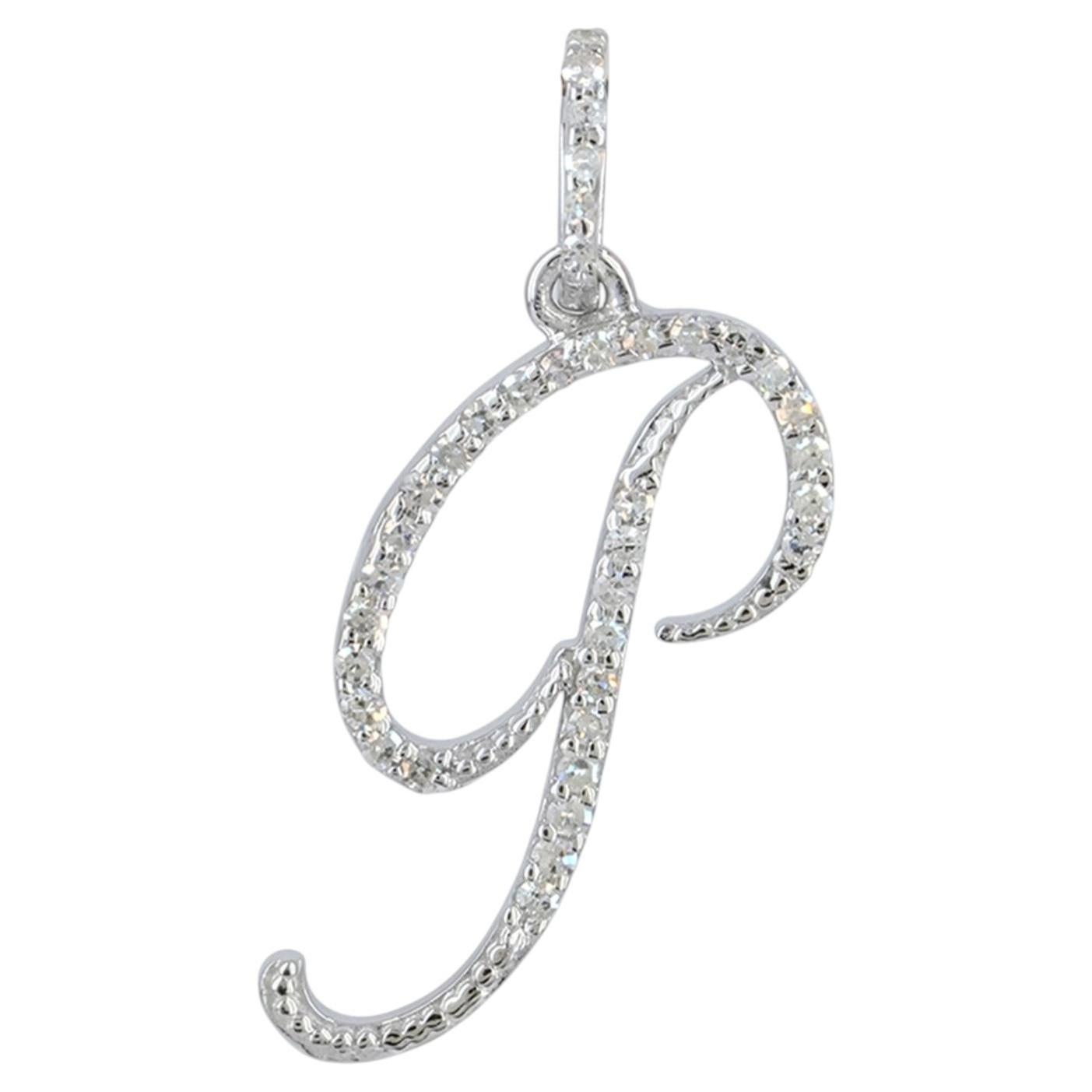 Genuine H/Si White Diamond P Initial Charm Pendant in Solid 14k White Gold For Sale