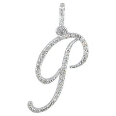 Genuine H/Si White Diamond P Initial Charm Pendant in Solid 14k White Gold