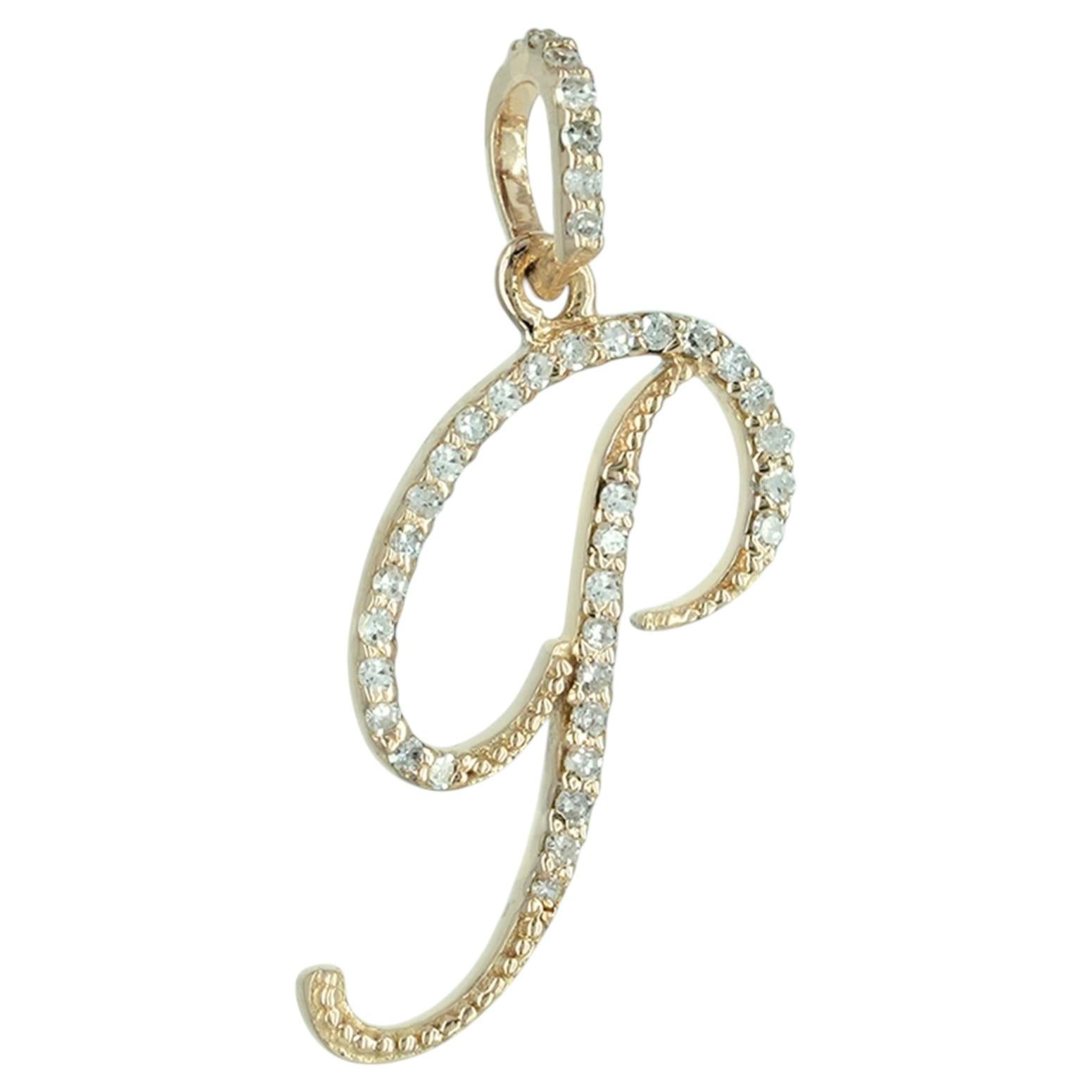 Genuine H/Si White Diamond Solid 14k Yellow Gold Jewelry P Initial Charm Pendant
