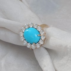 Genuine H/Si White Diamond Turquoise Gemstone Solid 14k Yellow Gold Jewelry Ring