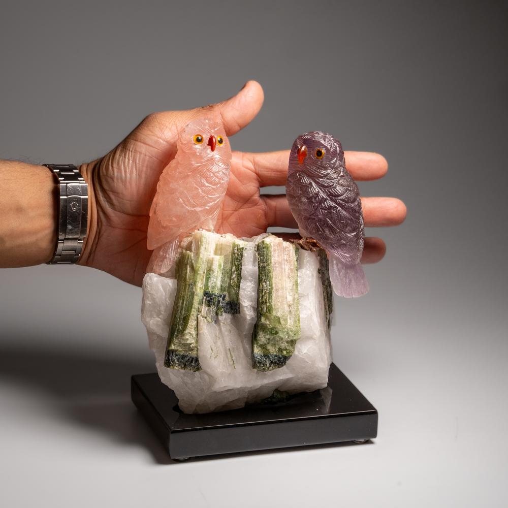 XXI secolo e contemporaneo Gufo autentico scolpito a mano in fluorite e quarzo rosa su una tormalina verde in quarzo in vendita