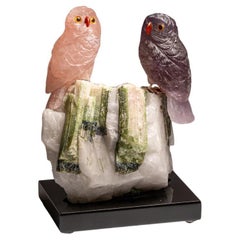 Genuine Hand Carved Fluorite and Rose Quartz Owl on a Green Tourmaline in Quartz