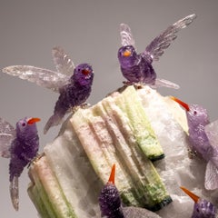 Genuine Hand Carved Fluorite Hummingbirds on a Tourmaline in Quartz Matrix (9"H)