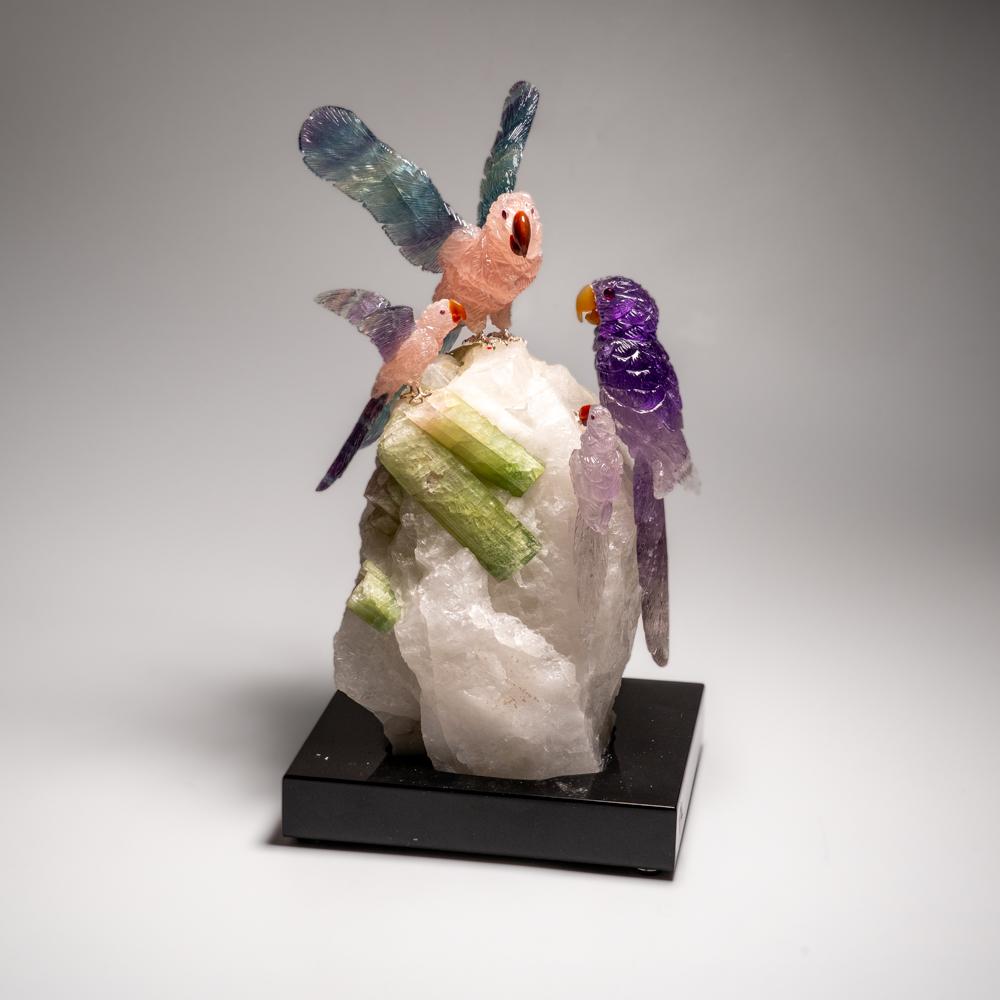 Genuine Hand Carved Fluorite Parrots on a Tourmaline in Quartz Matrix (10