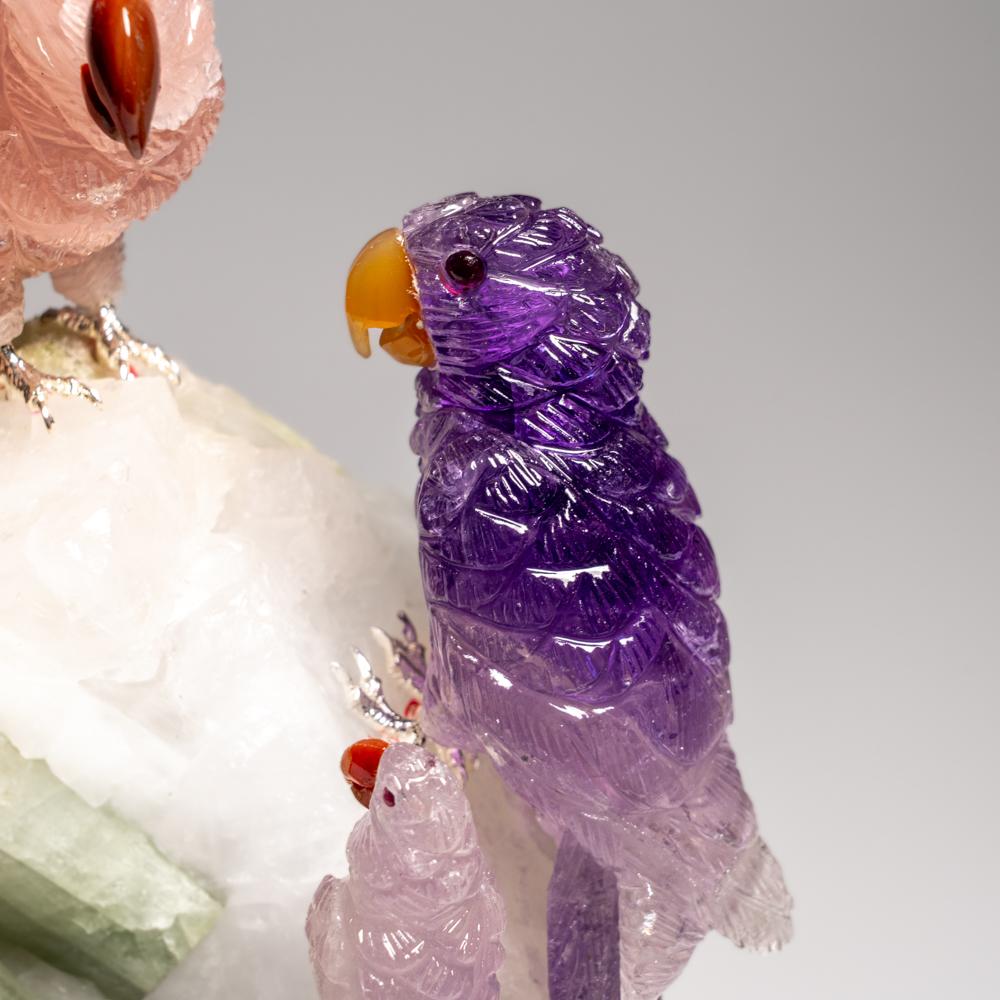 Brazilian Genuine Hand Carved Fluorite Parrots on a Tourmaline in Quartz Matrix (10