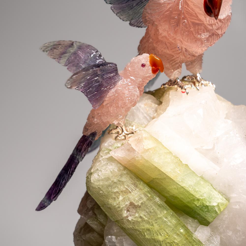 Genuine Hand Carved Fluorite Parrots on a Tourmaline in Quartz Matrix (10