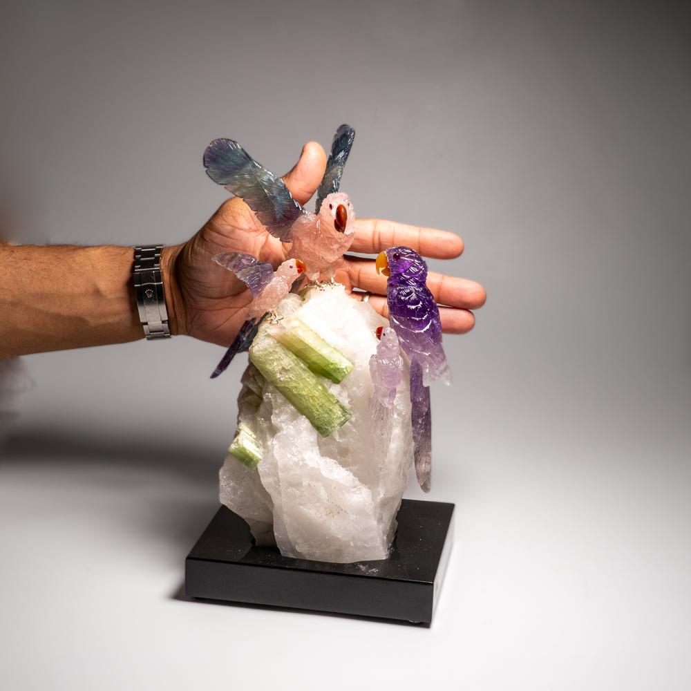 Contemporary Genuine Hand Carved Fluorite Parrots on a Tourmaline in Quartz Matrix (10