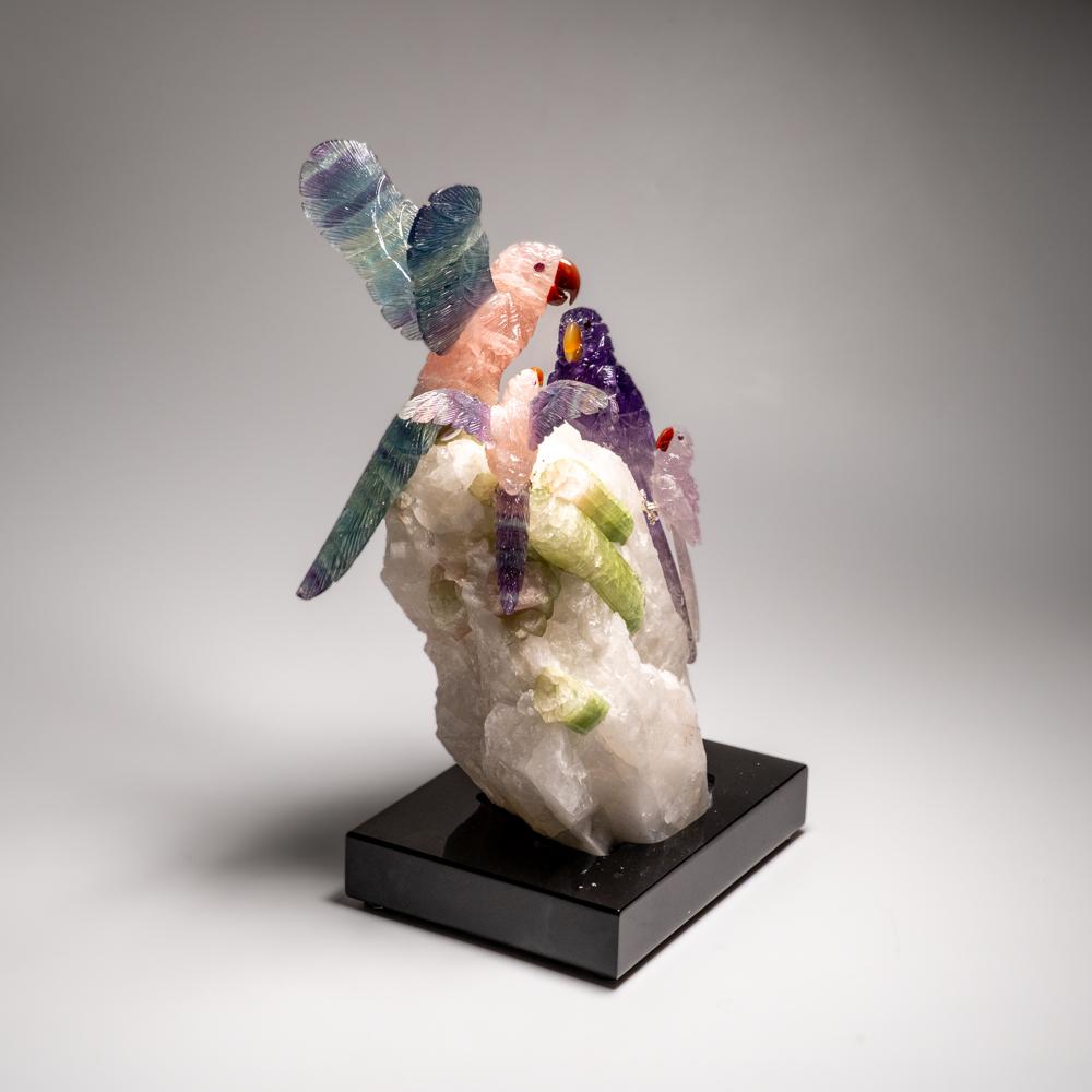 Crystal Genuine Hand Carved Fluorite Parrots on a Tourmaline in Quartz Matrix (10