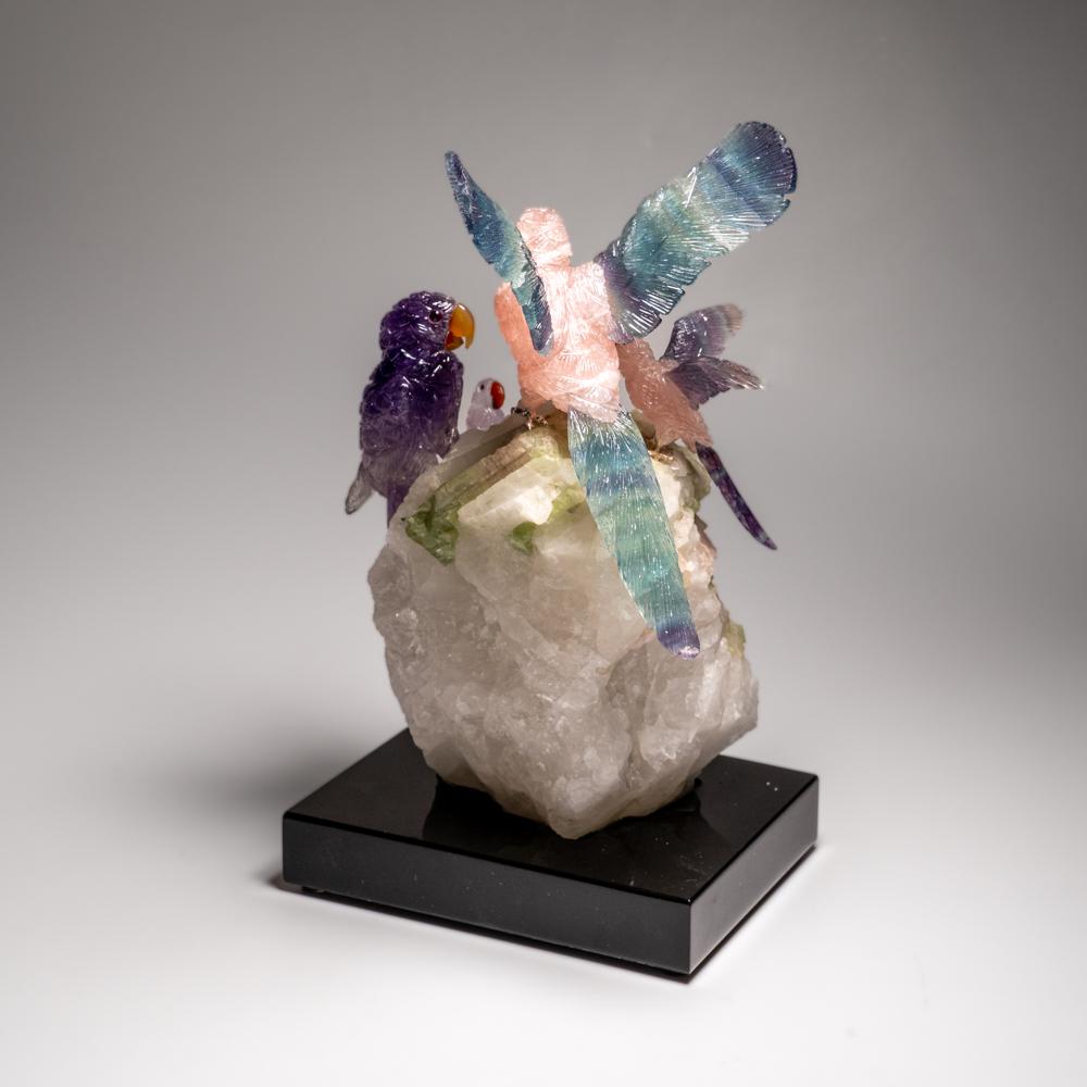 Genuine Hand Carved Fluorite Parrots on a Tourmaline in Quartz Matrix (10